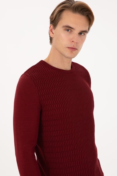 Erkek Regular Fit bisiklet Yaka  Bordo Kazak