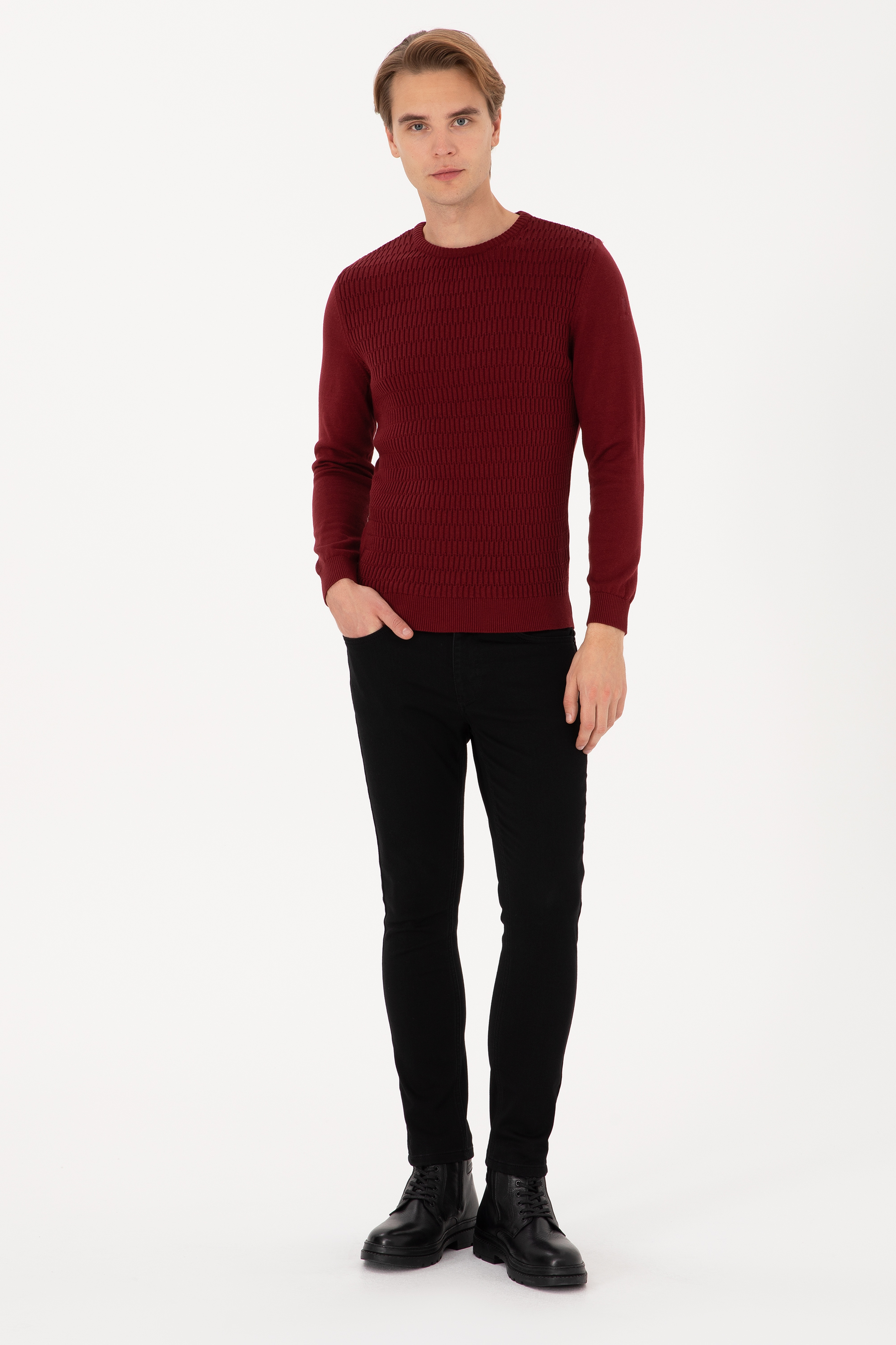 Erkek Regular Fit bisiklet Yaka  Bordo Kazak