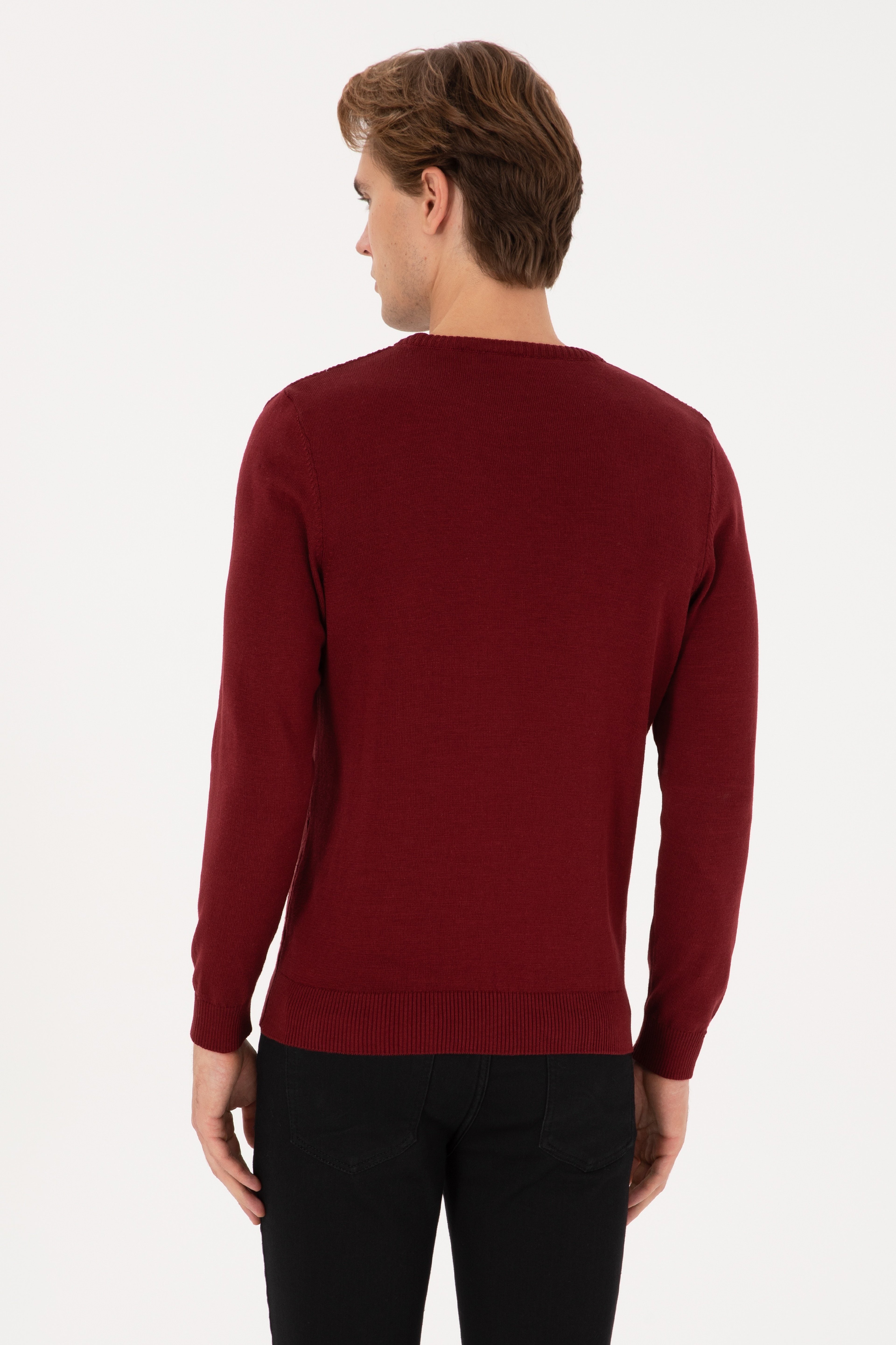 Erkek Regular Fit bisiklet Yaka Bordo Kazak - Image 5