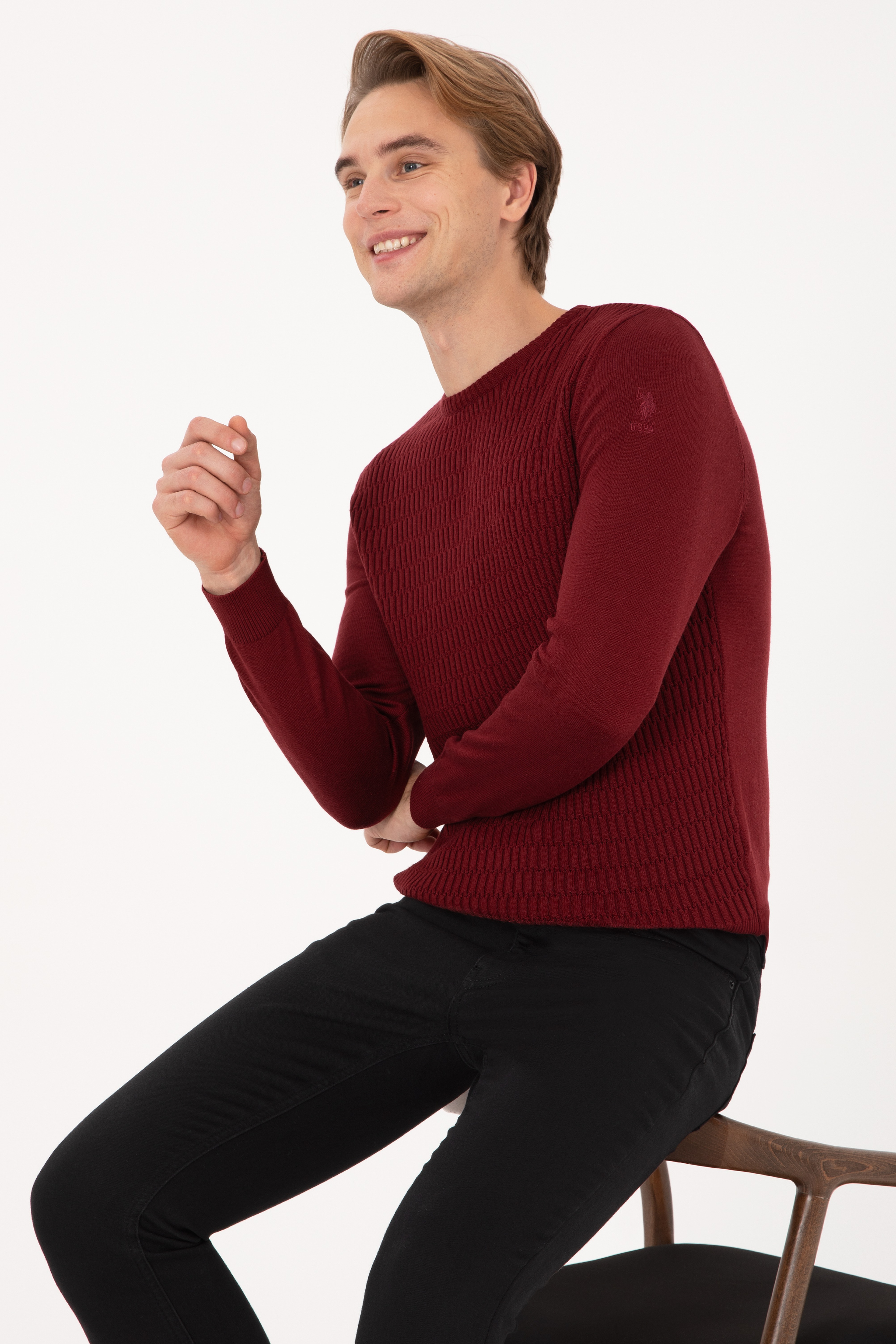 Erkek Regular Fit bisiklet Yaka  Bordo Kazak