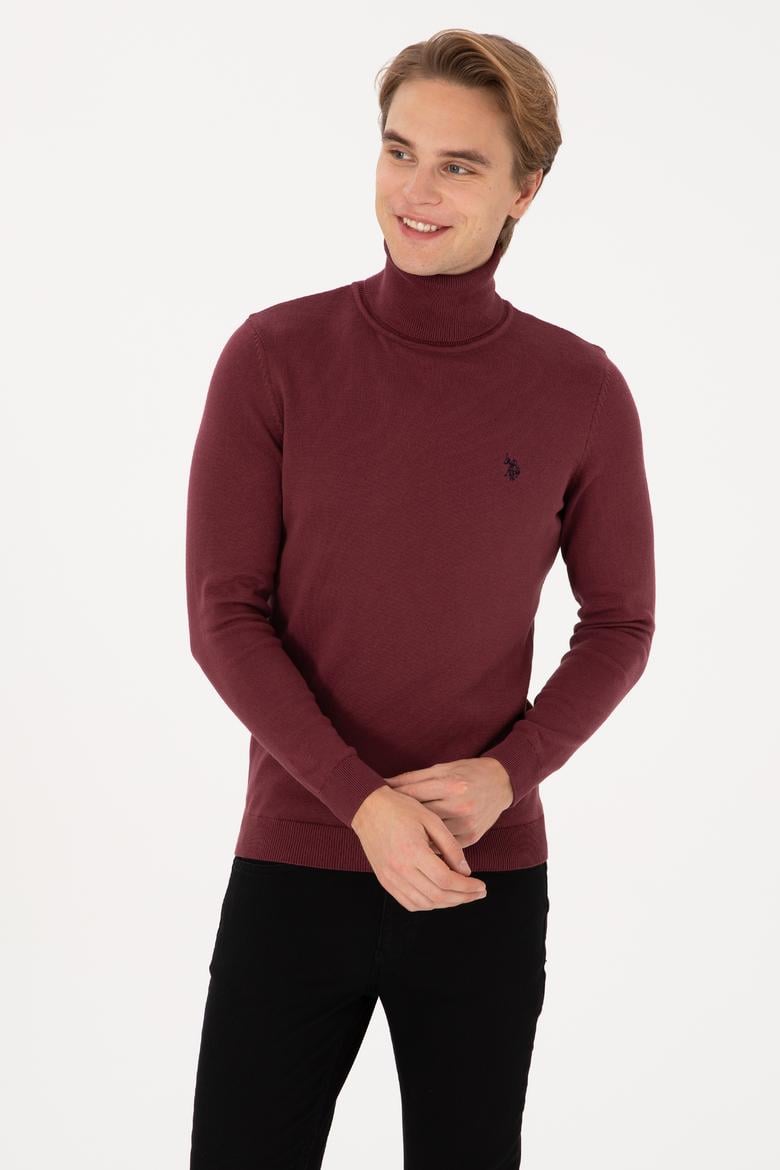 Erkek Slim Fit Boğazlı Yaka Bordo Kazak