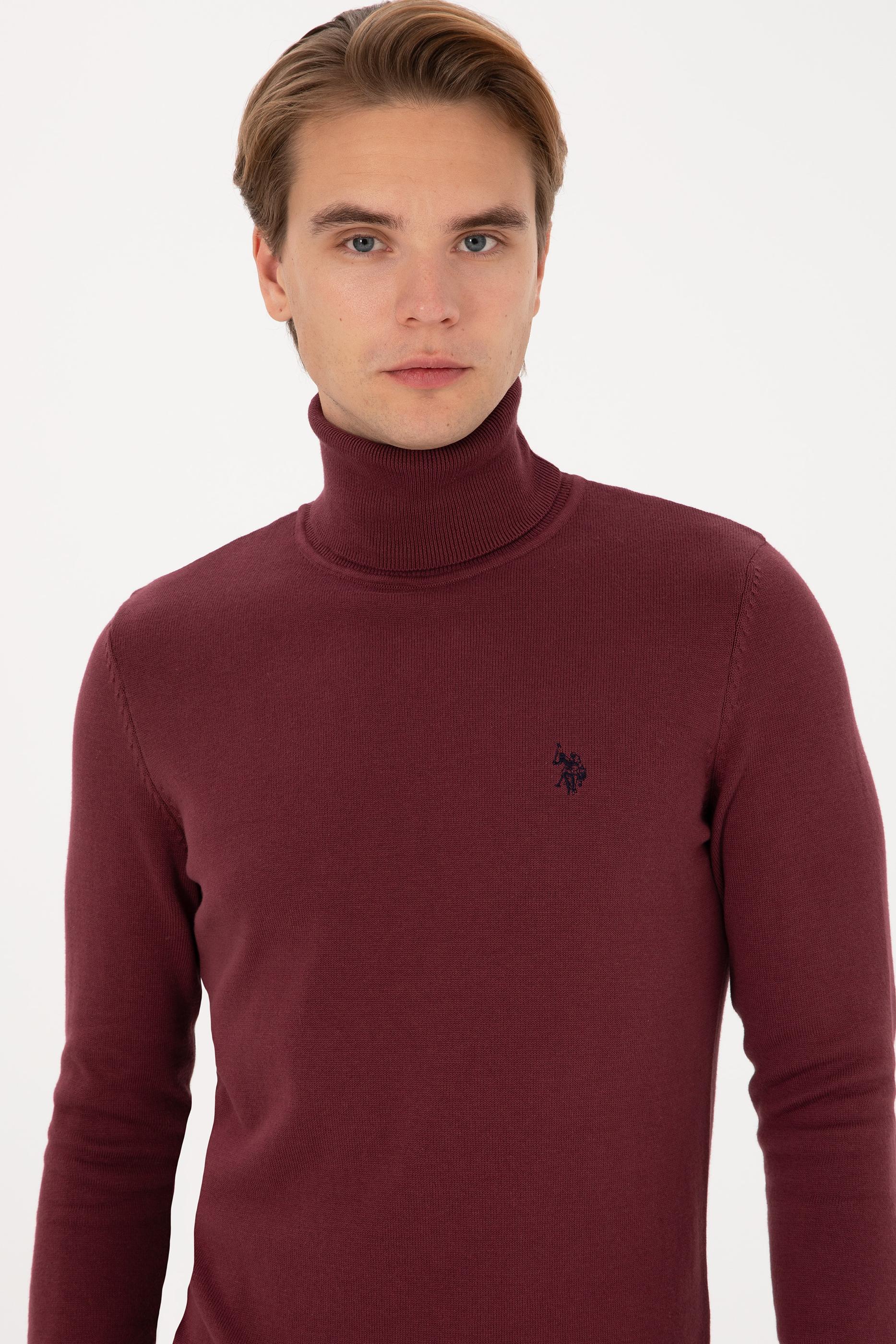 Erkek Slim Fit Boğazlı Yaka Bordo Kazak