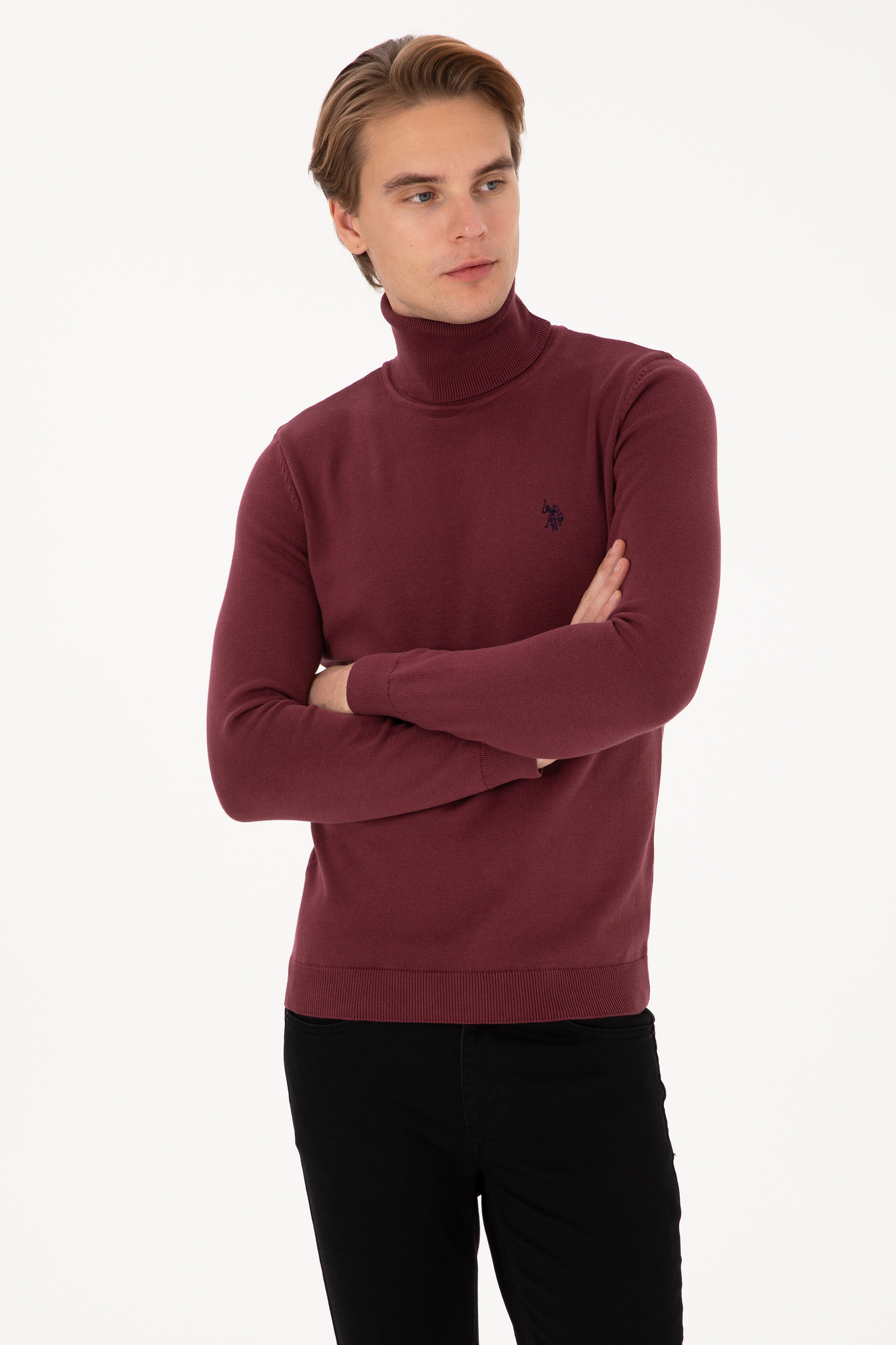 Erkek Slim Fit Boğazlı Yaka Bordo Kazak