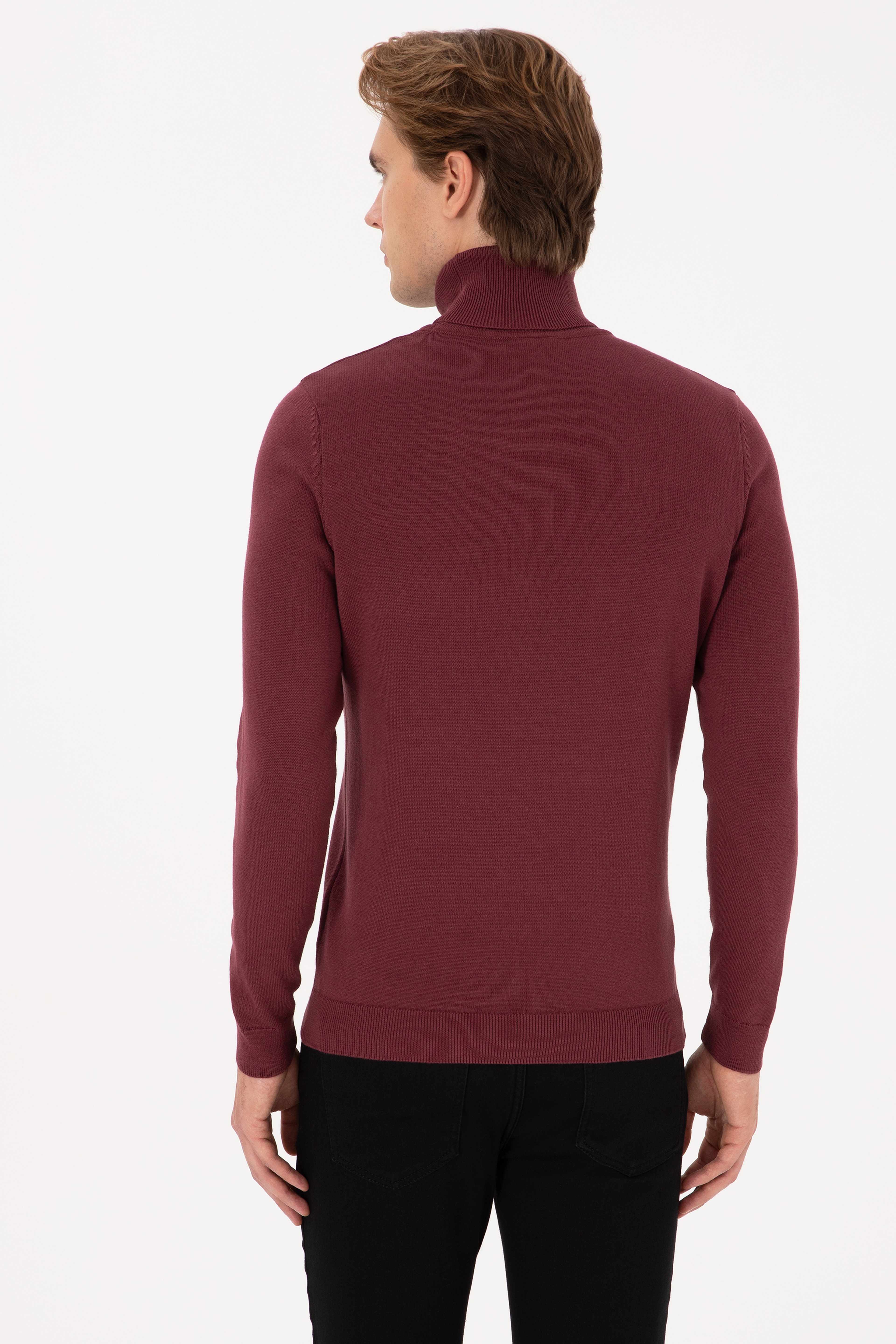 Erkek Slim Fit Boğazlı Yaka Bordo Kazak