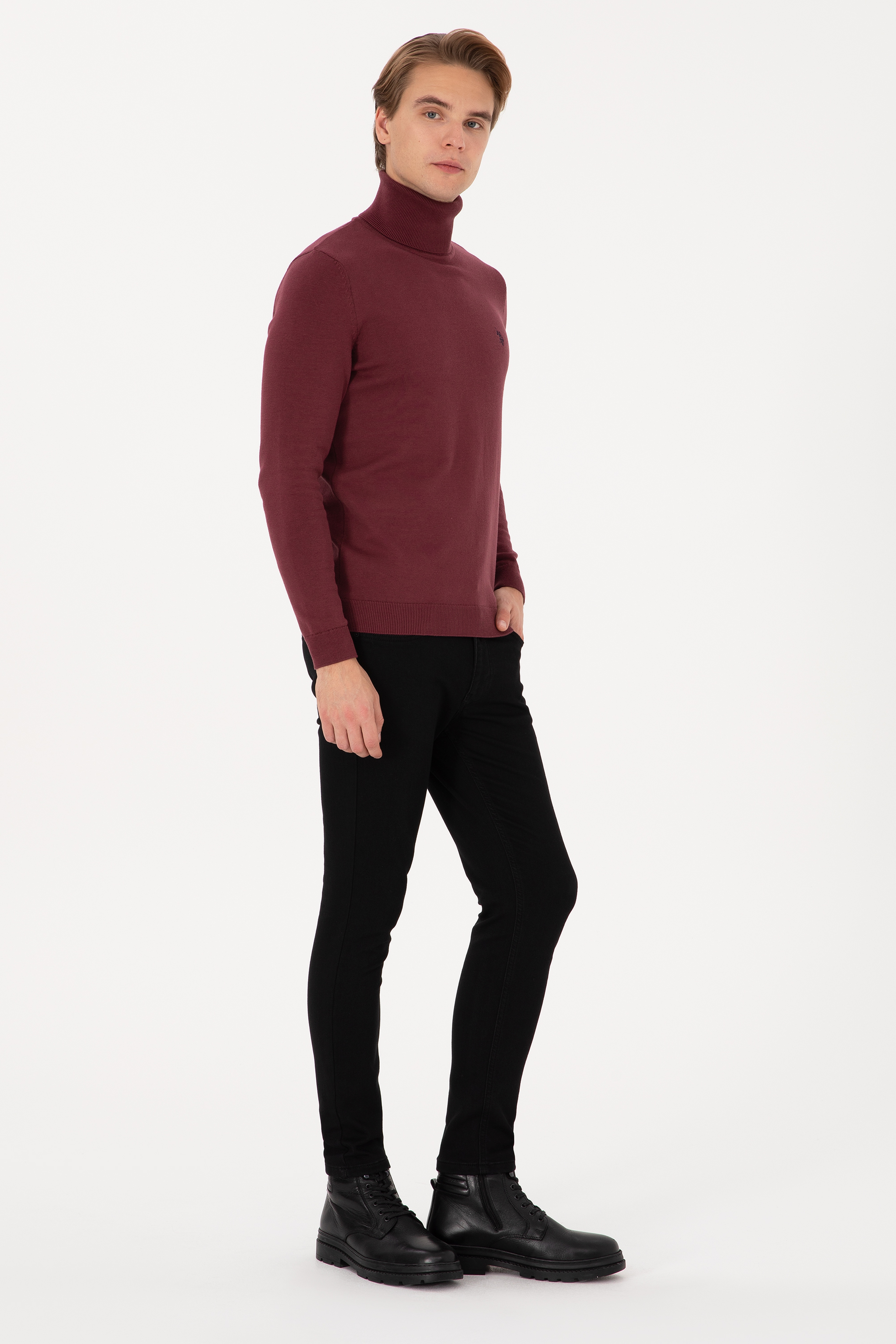 Erkek Slim Fit Boğazlı Yaka Bordo Kazak - Image 4