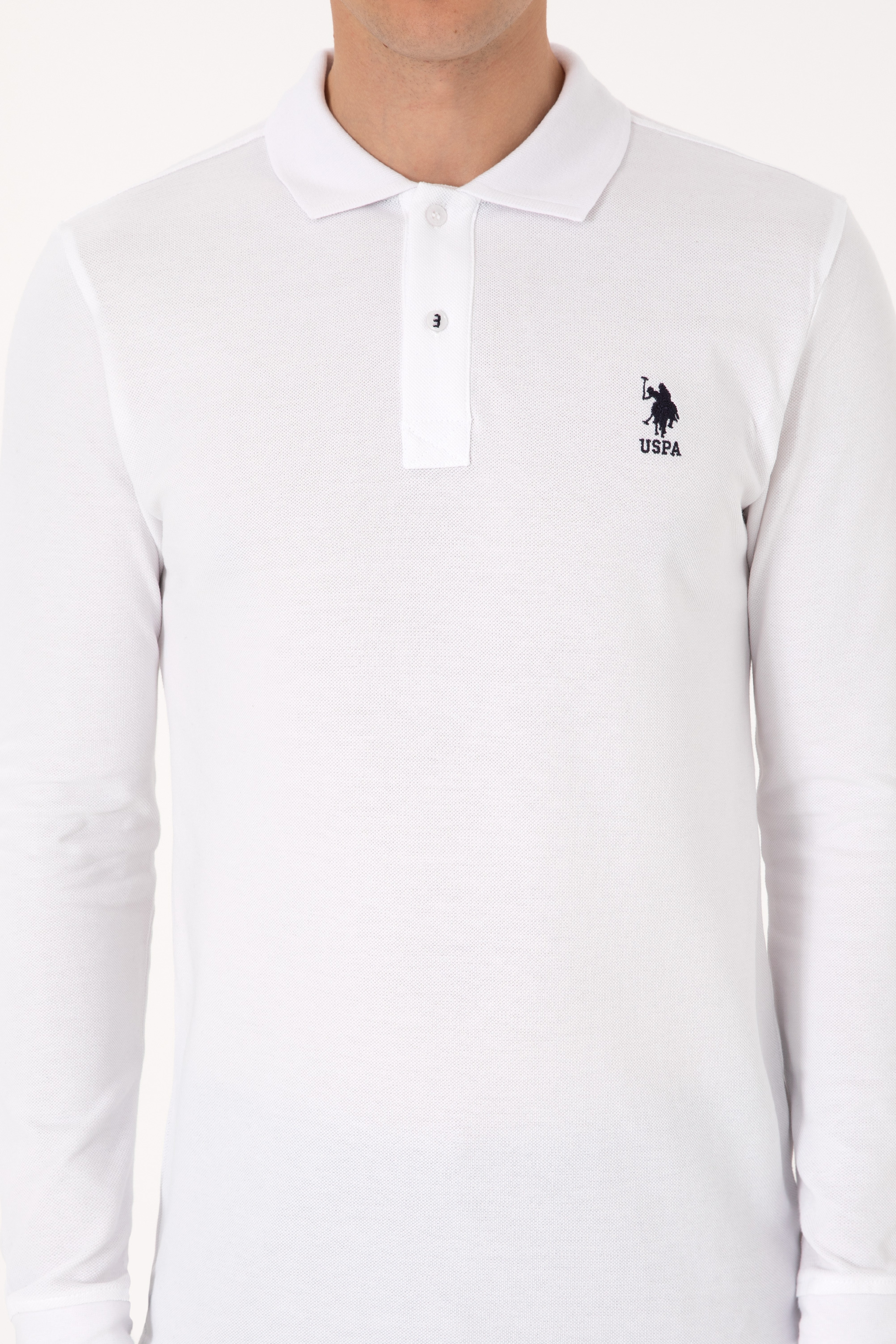 Erkek Slim Fit Polo Yaka Beyaz Basic Sweatshirt