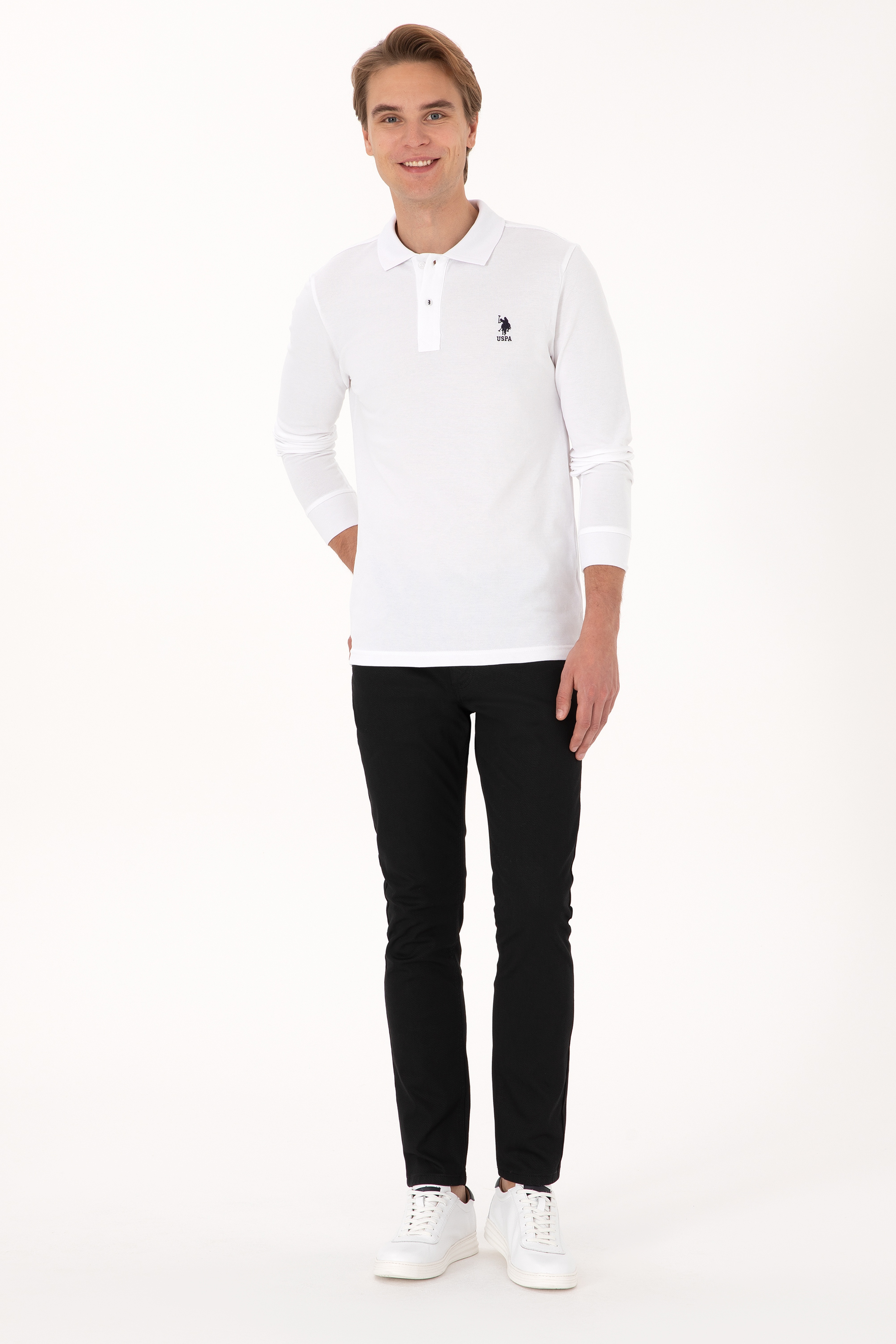 Erkek Slim Fit Polo Yaka Beyaz Basic Sweatshirt - Image 4