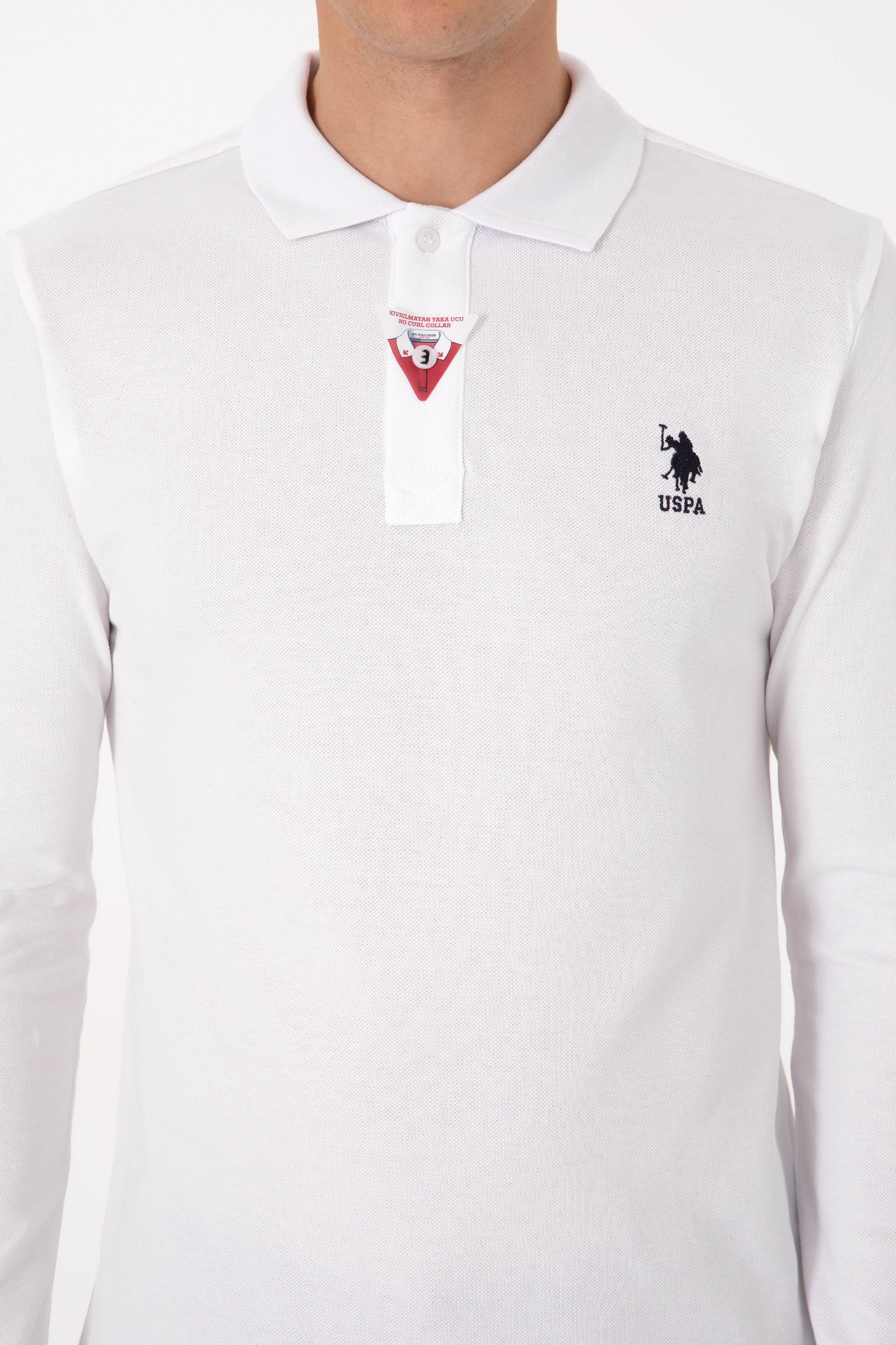 Erkek Slim Fit Polo Yaka Beyaz Basic Sweatshirt - Image 6