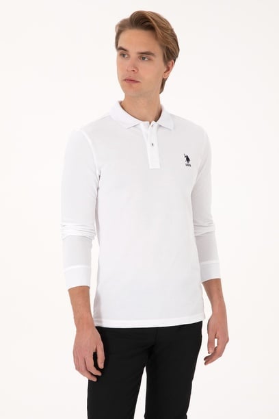 Erkek Slim Fit Polo Yaka Beyaz Basic Sweatshirt