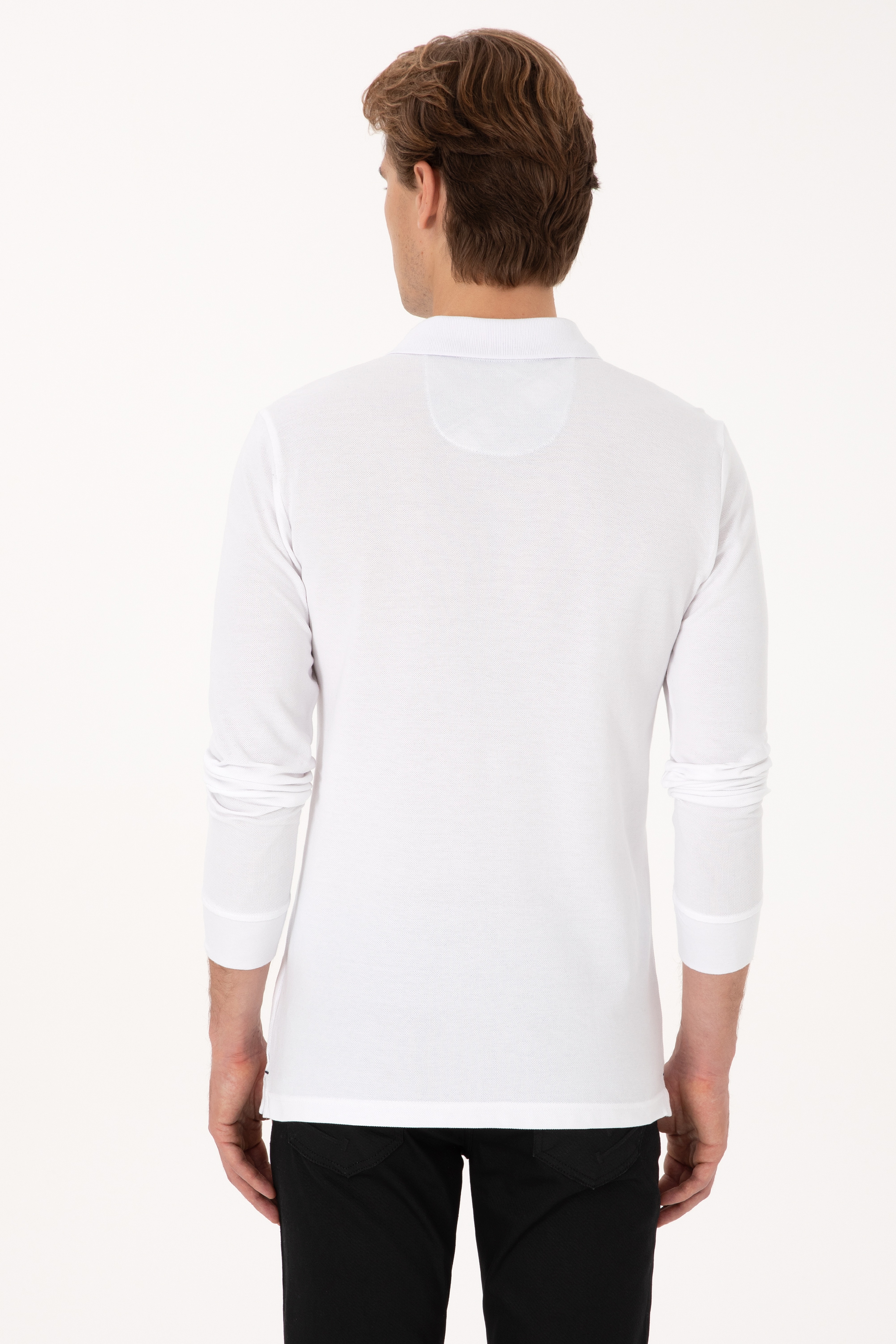 Erkek Slim Fit Polo Yaka Beyaz Basic Sweatshirt - Image 5
