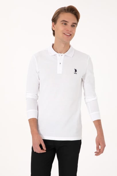 Erkek Slim Fit Polo Yaka Beyaz Basic Sweatshirt
