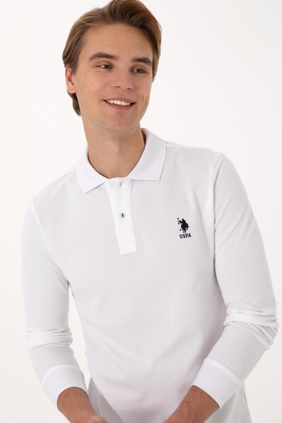 Erkek Slim Fit Polo Yaka Beyaz Basic Sweatshirt