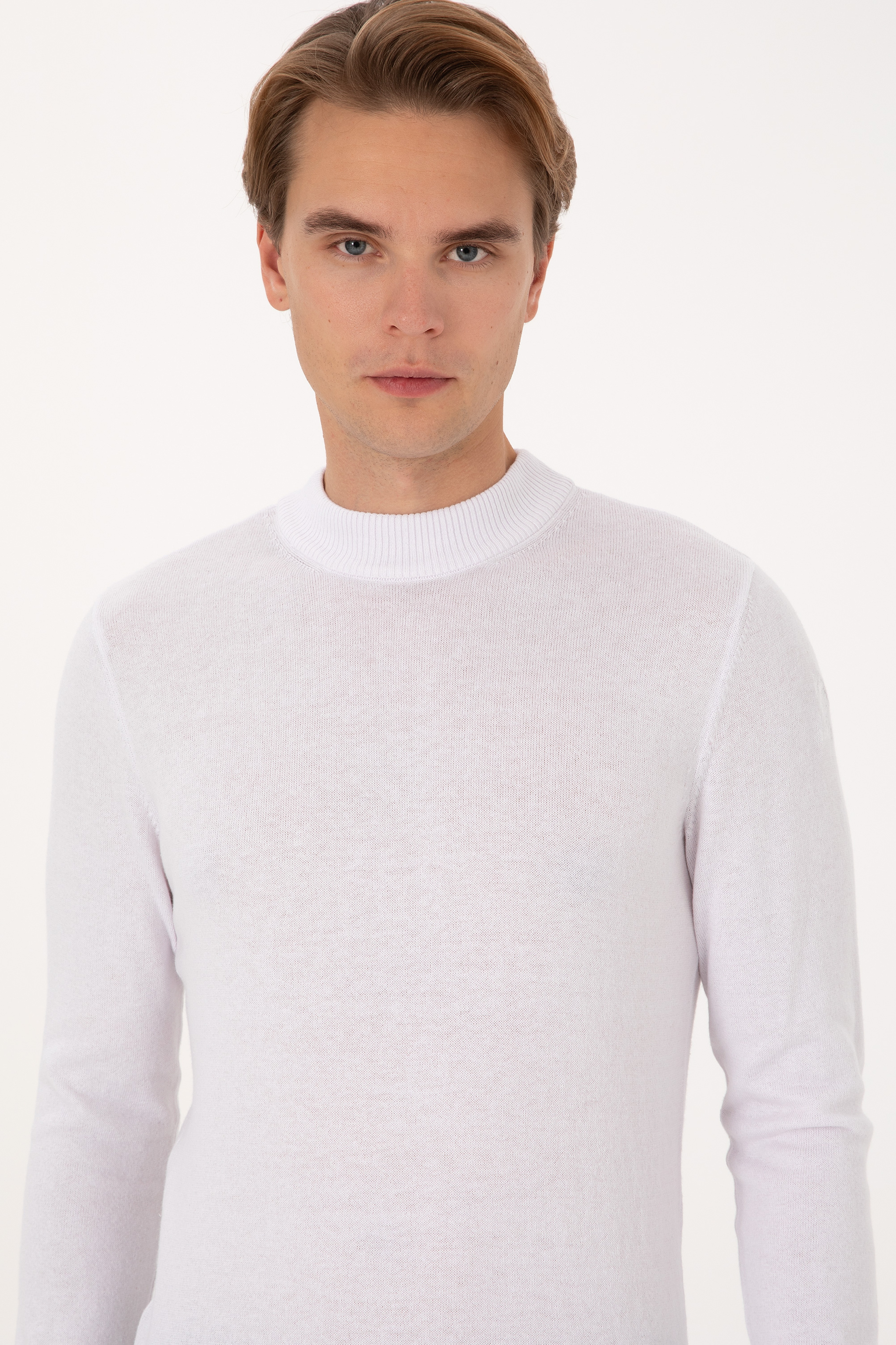 Erkek Slim Fit Bisiklet Yaka Beyaz Basic Kazak - Image 2