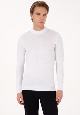 Erkek Slim Fit Bisiklet Yaka Beyaz Basic Kazak - 50307823032