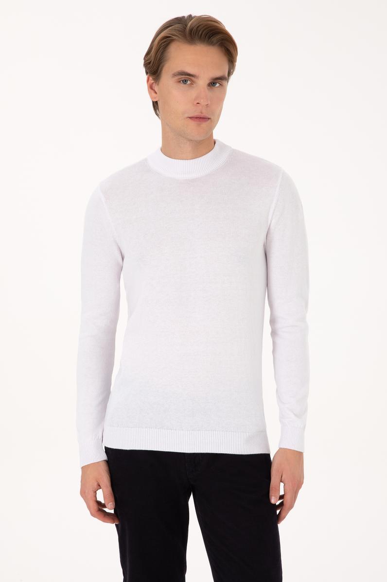 Erkek Slim Fit Bisiklet Yaka Beyaz Basic Kazak