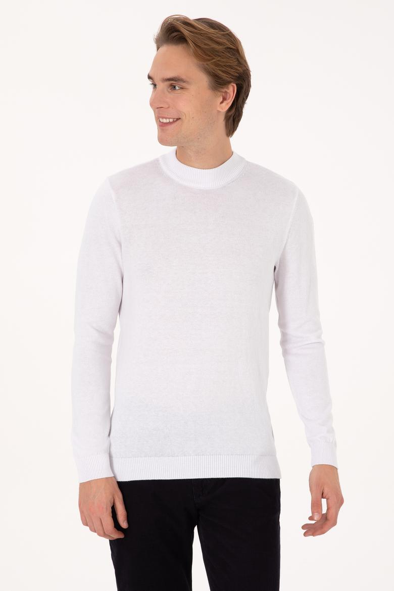 Erkek Slim Fit Bisiklet Yaka Beyaz Basic Kazak - 50307823032