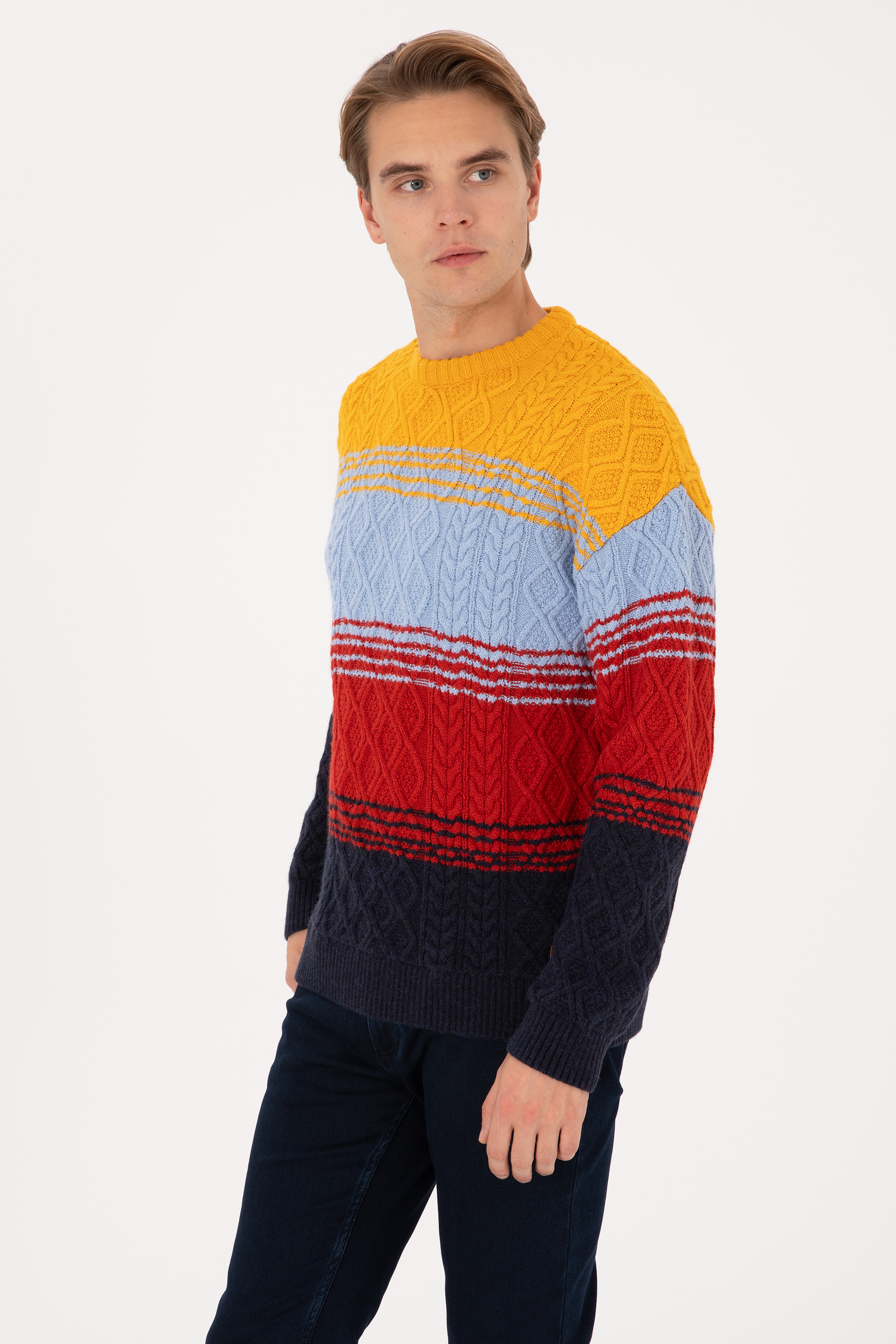 Erkek Comfort Fit Bisiklet Yaka Hardal Kazak