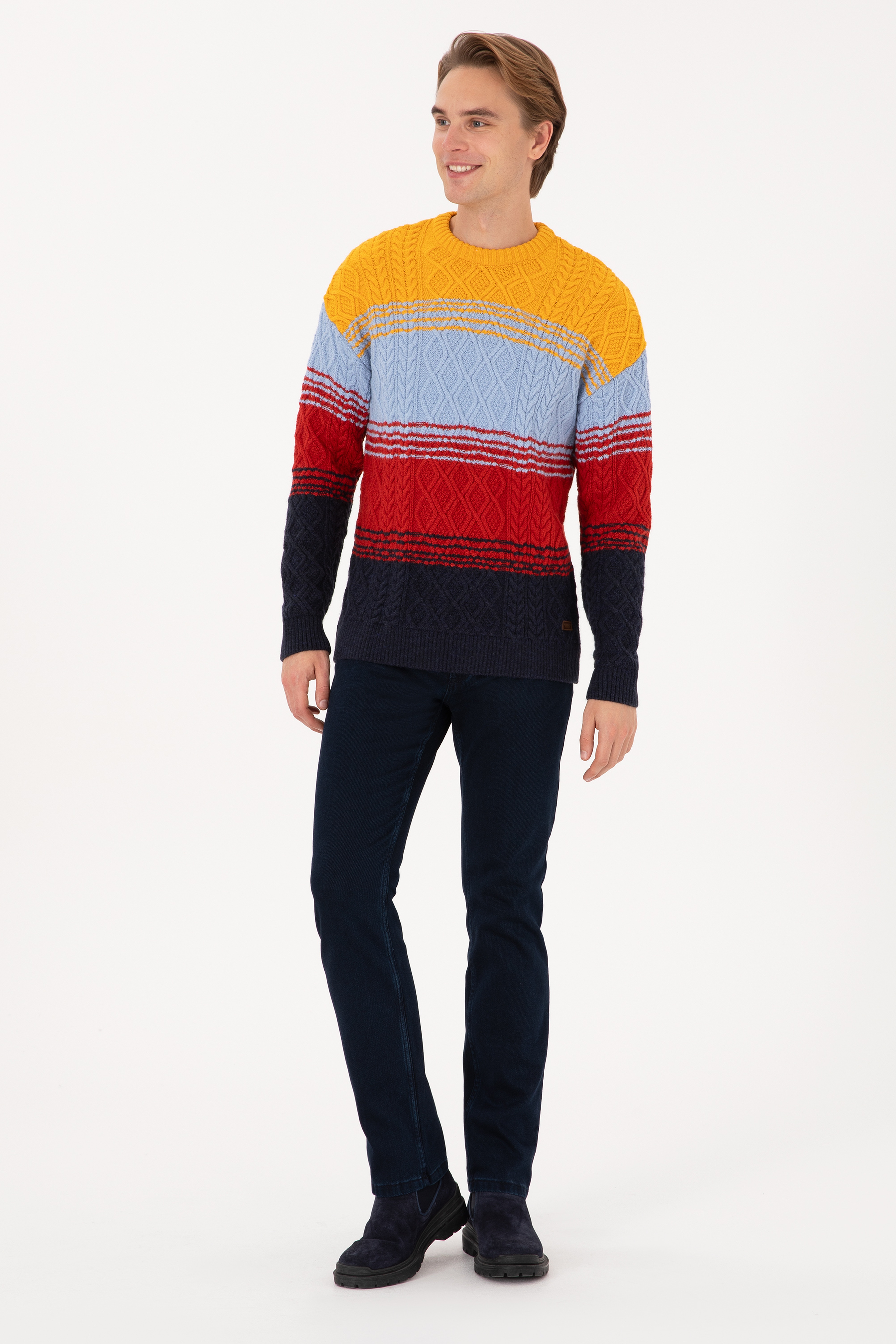 Erkek Comfort Fit Bisiklet Yaka Hardal Kazak