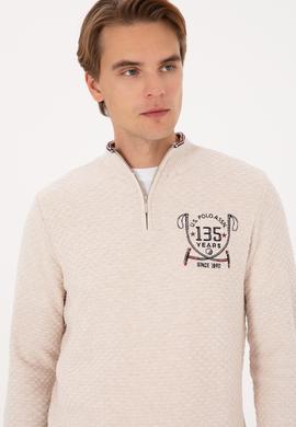 Erkek Slim Fit Yarım Fermuarlı Krem Melanj Kazak - 50314155014