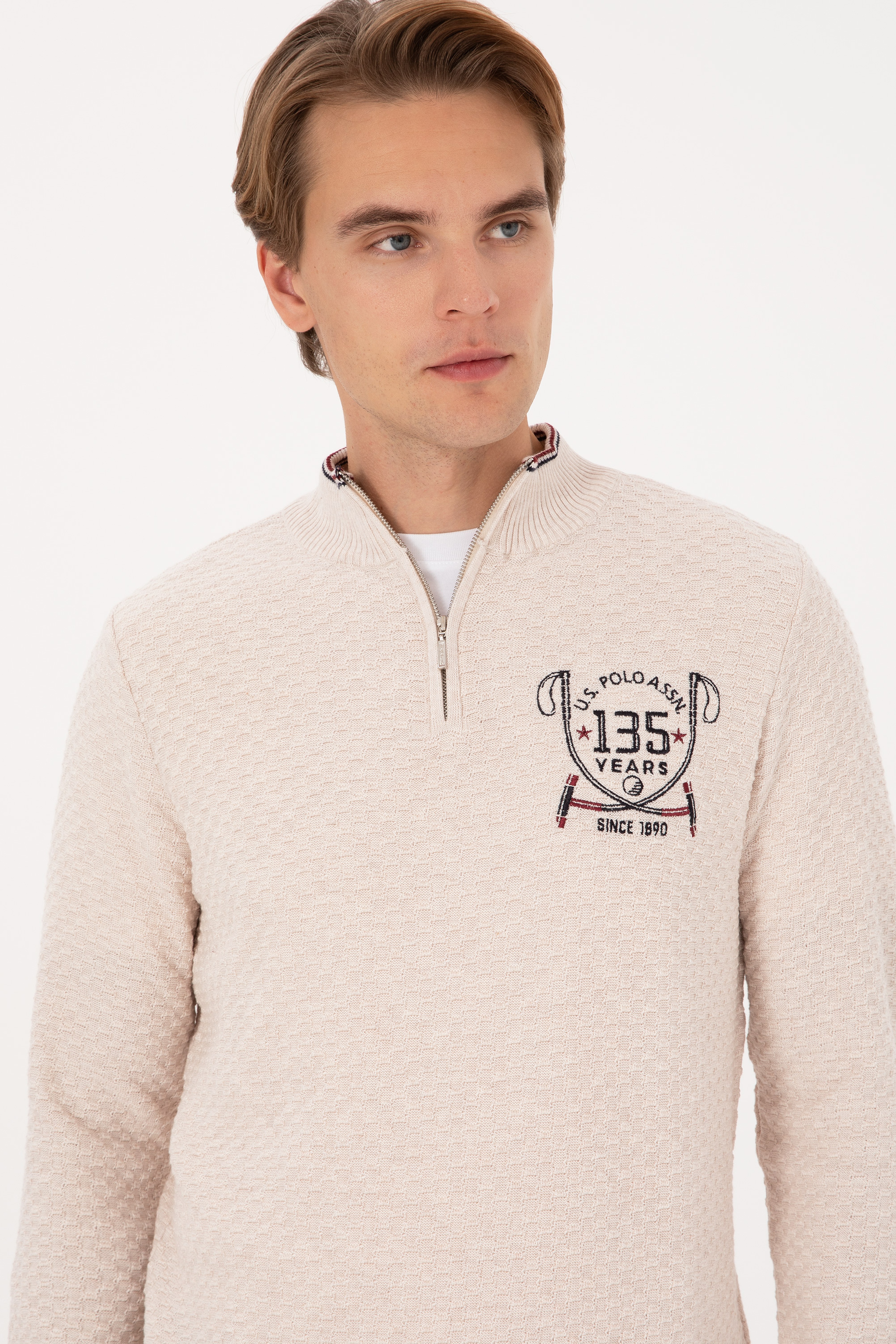 Erkek Slim Fit Yarım Fermuarlı Krem Melanj Kazak