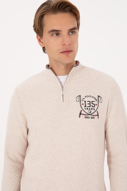Erkek Slim Fit Yarım Fermuarlı Krem Melanj Kazak
