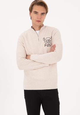 Erkek Slim Fit Yarım Fermuarlı Krem Melanj Kazak - 50314155014