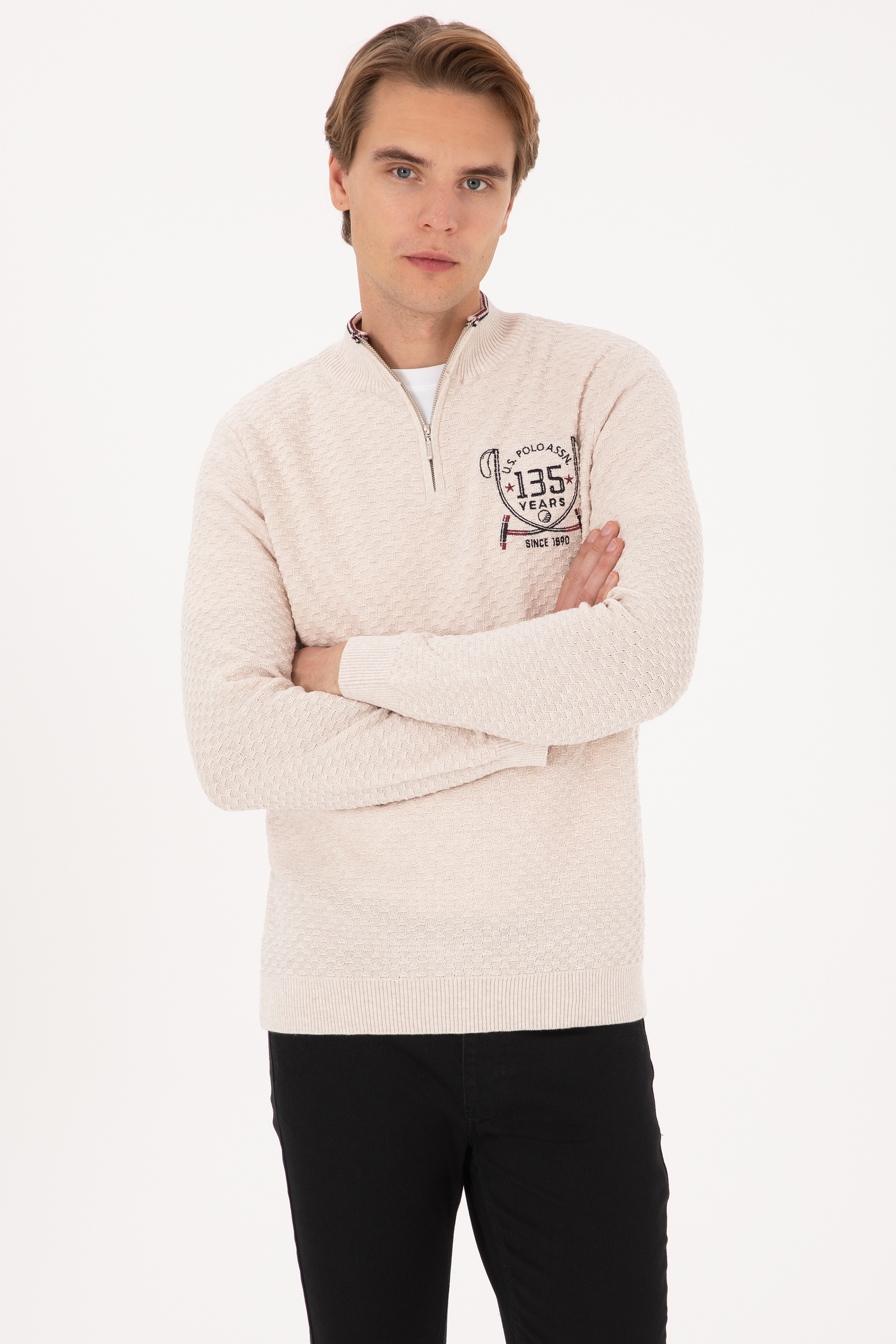 Erkek Slim Fit Yarım Fermuarlı Krem Melanj Kazak - Image 1
