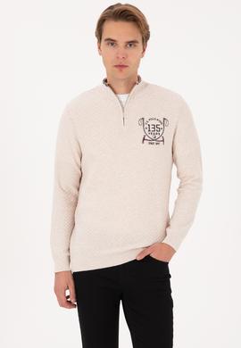 Erkek Slim Fit Yarım Fermuarlı Krem Melanj Kazak - 50314155014