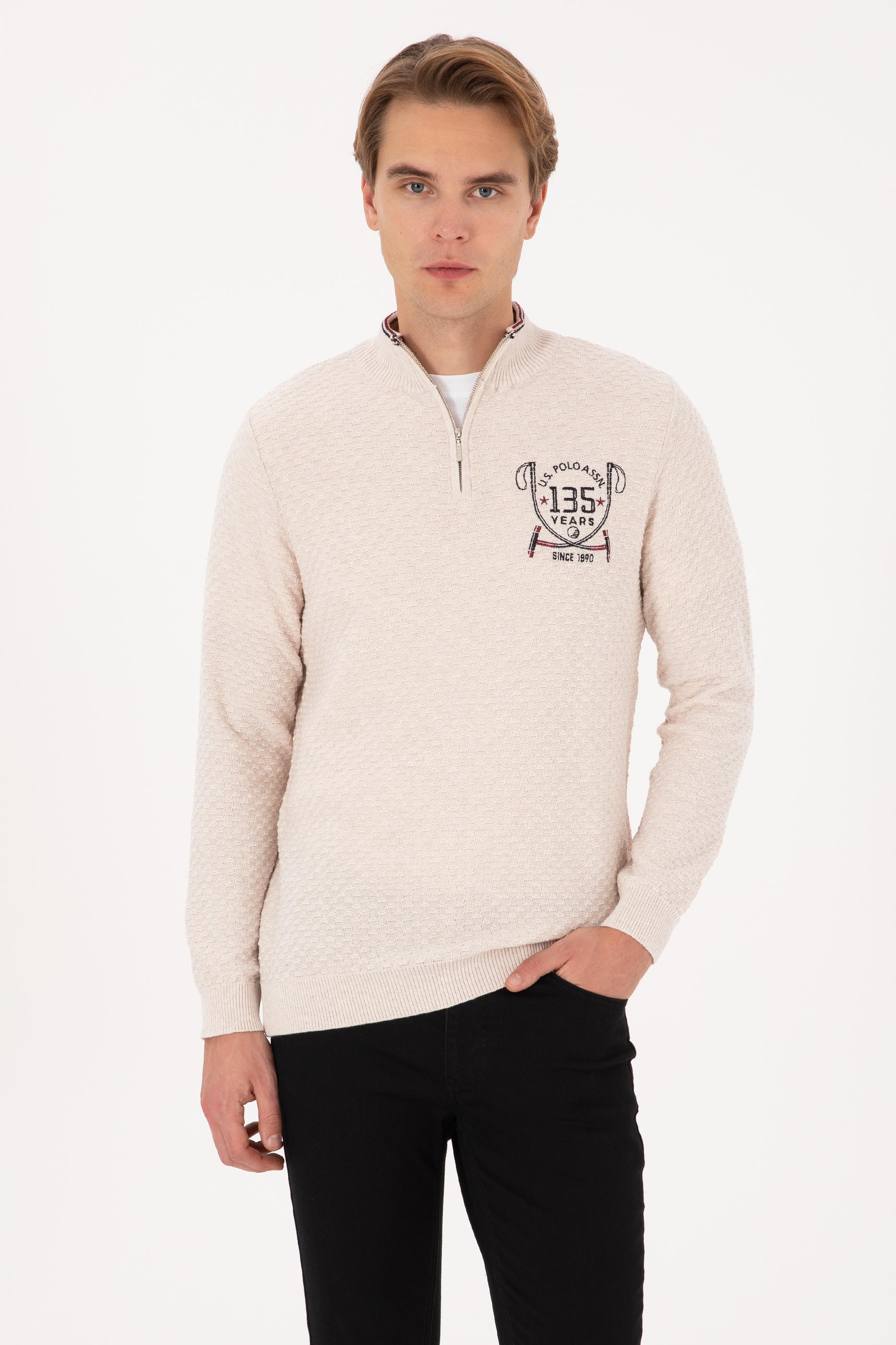 Erkek Slim Fit Yarım Fermuarlı Krem Melanj Kazak