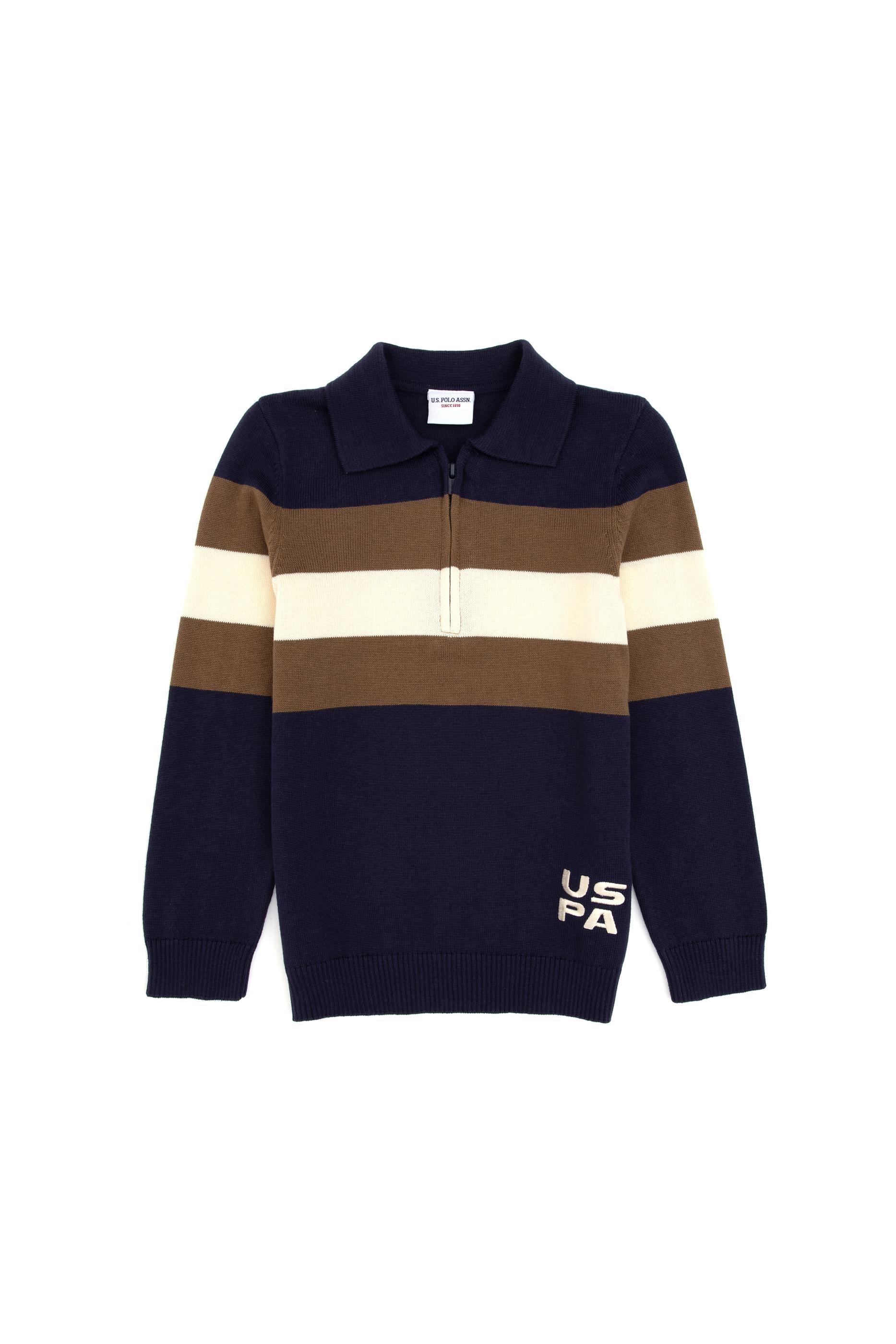 Erkek Çocuk Lacivert Polo Yaka Yarım Fermuarlı Kazak