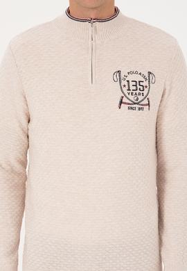 Erkek Slim Fit Yarım Fermuarlı Krem Melanj Kazak - 50314155014