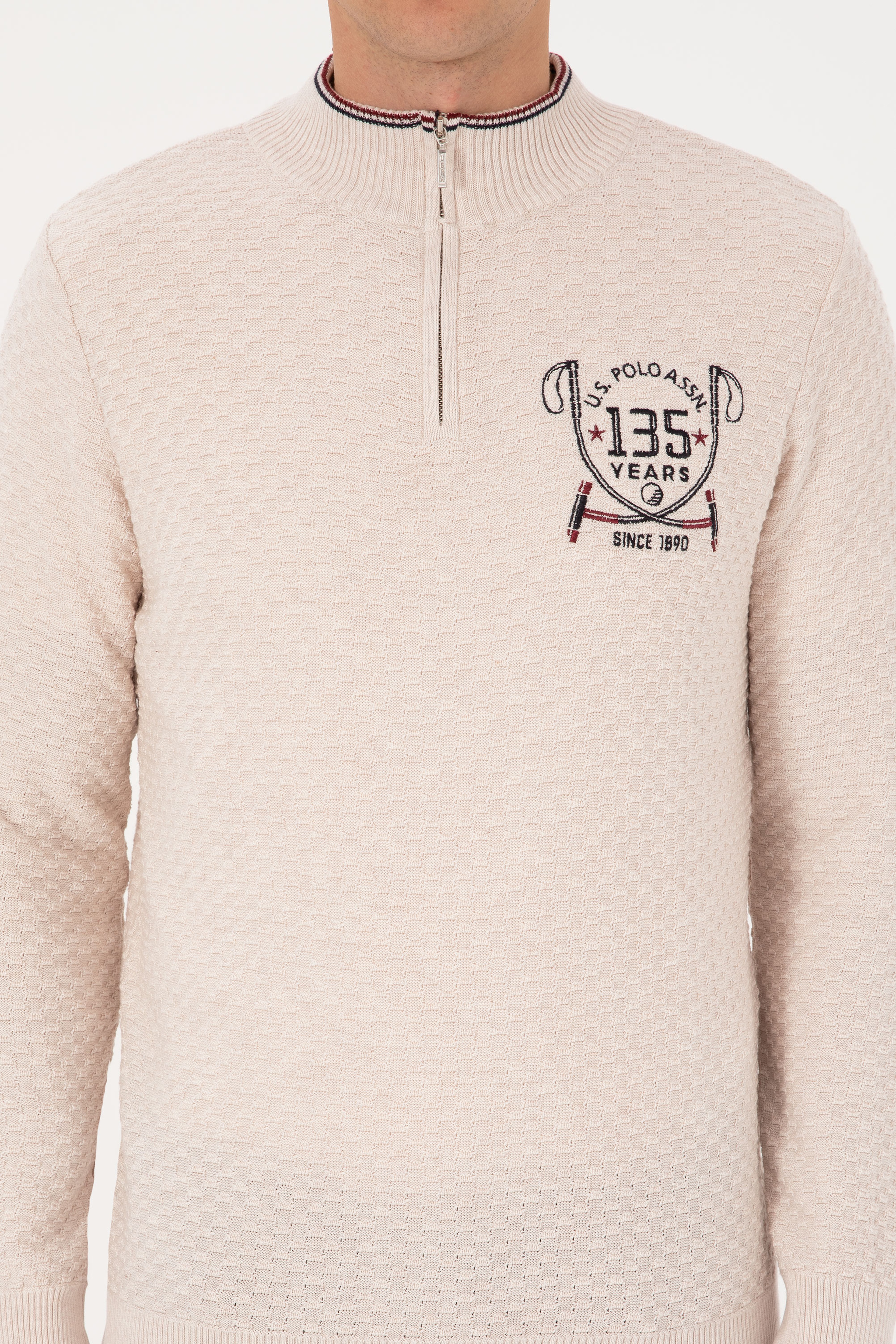 Erkek Slim Fit Yarım Fermuarlı Krem Melanj Kazak