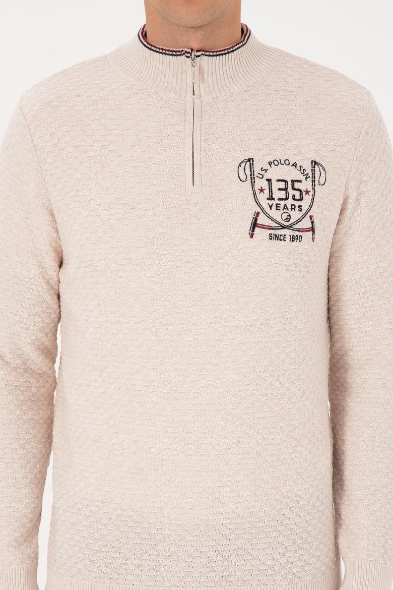 Erkek Slim Fit Yarım Fermuarlı Krem Melanj Kazak - 50314155014