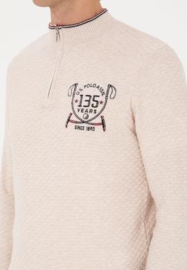 Erkek Slim Fit Yarım Fermuarlı Krem Melanj Kazak - 50314155014