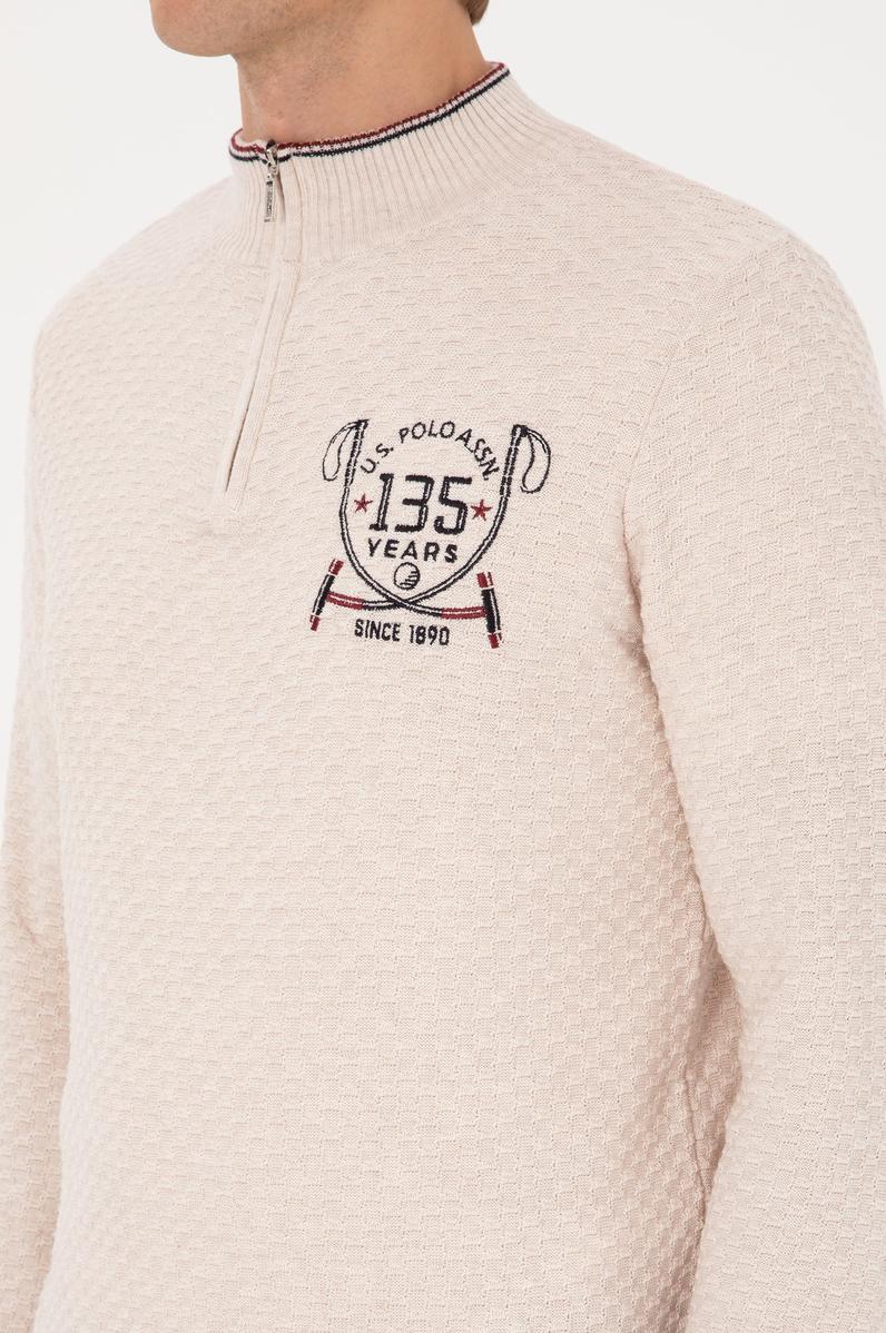 Erkek Slim Fit Yarım Fermuarlı Krem Melanj Kazak