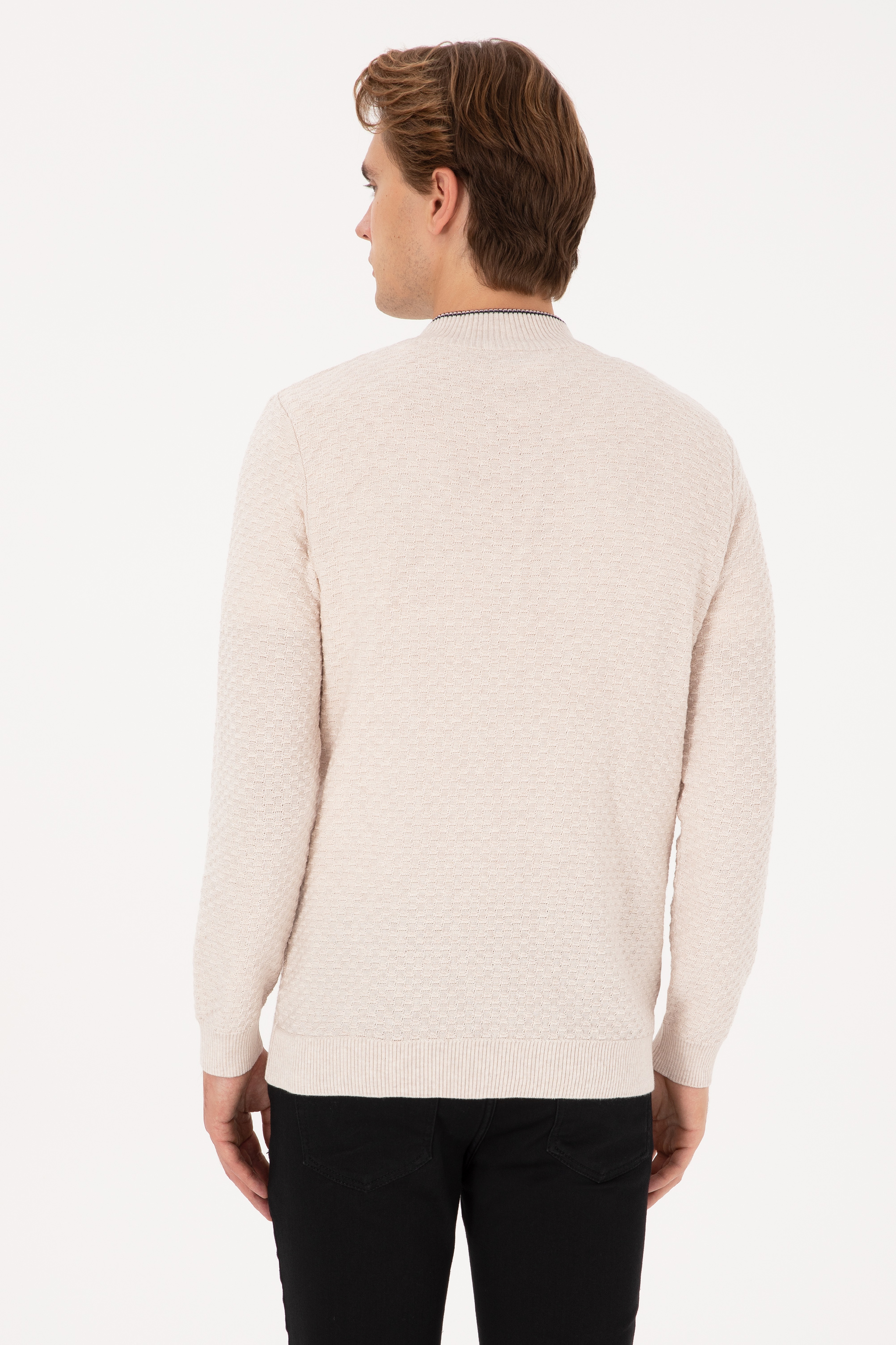 Erkek Slim Fit Yarım Fermuarlı Krem Melanj Kazak - Image 5