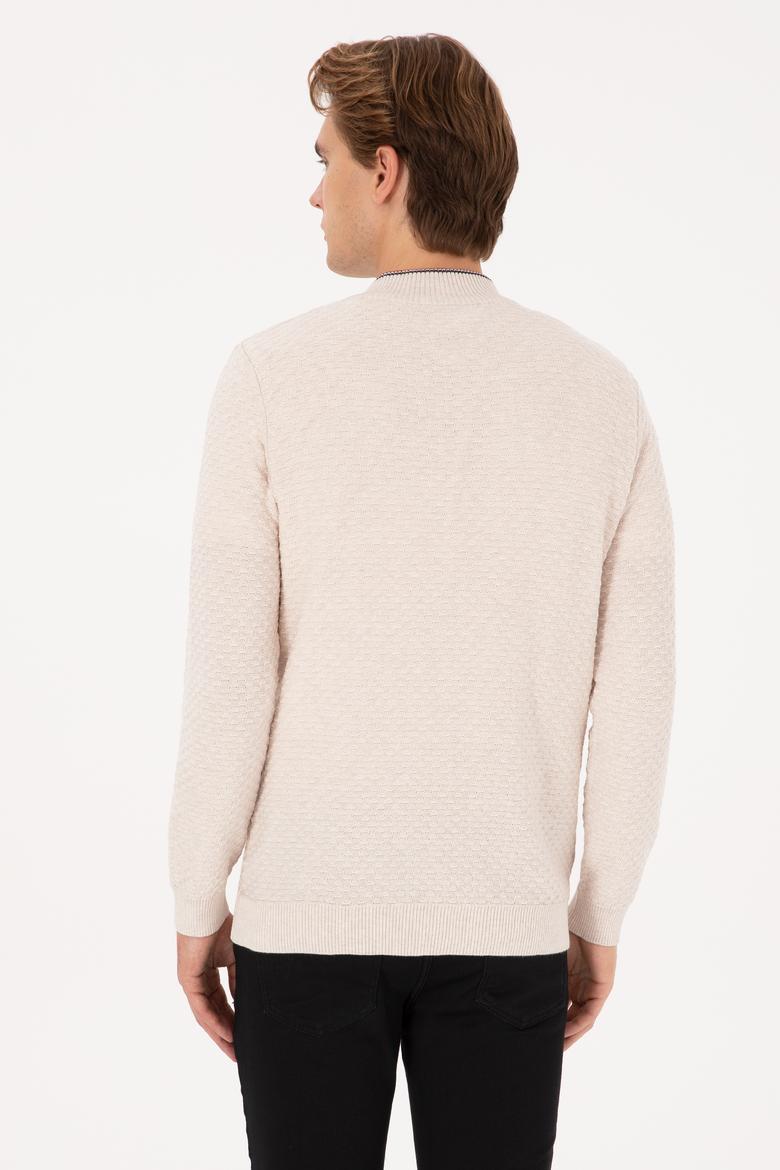 Erkek Slim Fit Yarım Fermuarlı Krem Melanj Kazak - 50314155014