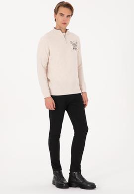 Erkek Slim Fit Yarım Fermuarlı Krem Melanj Kazak - 50314155014