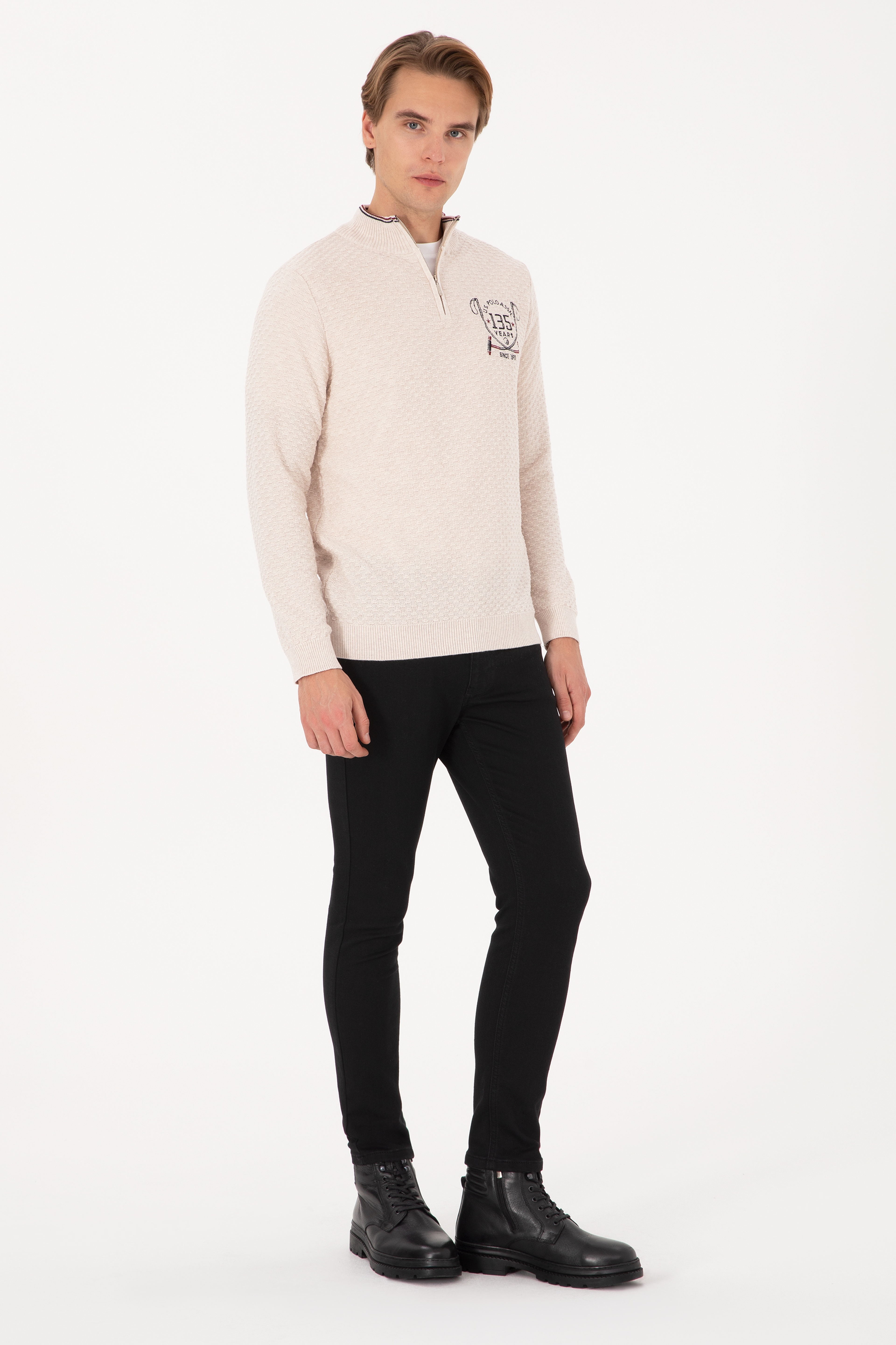 Erkek Slim Fit Yarım Fermuarlı Krem Melanj Kazak - Image 4