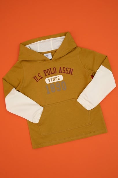 Erkek Çocuk Hardal Kapüşonlu İnce Sweatshirt