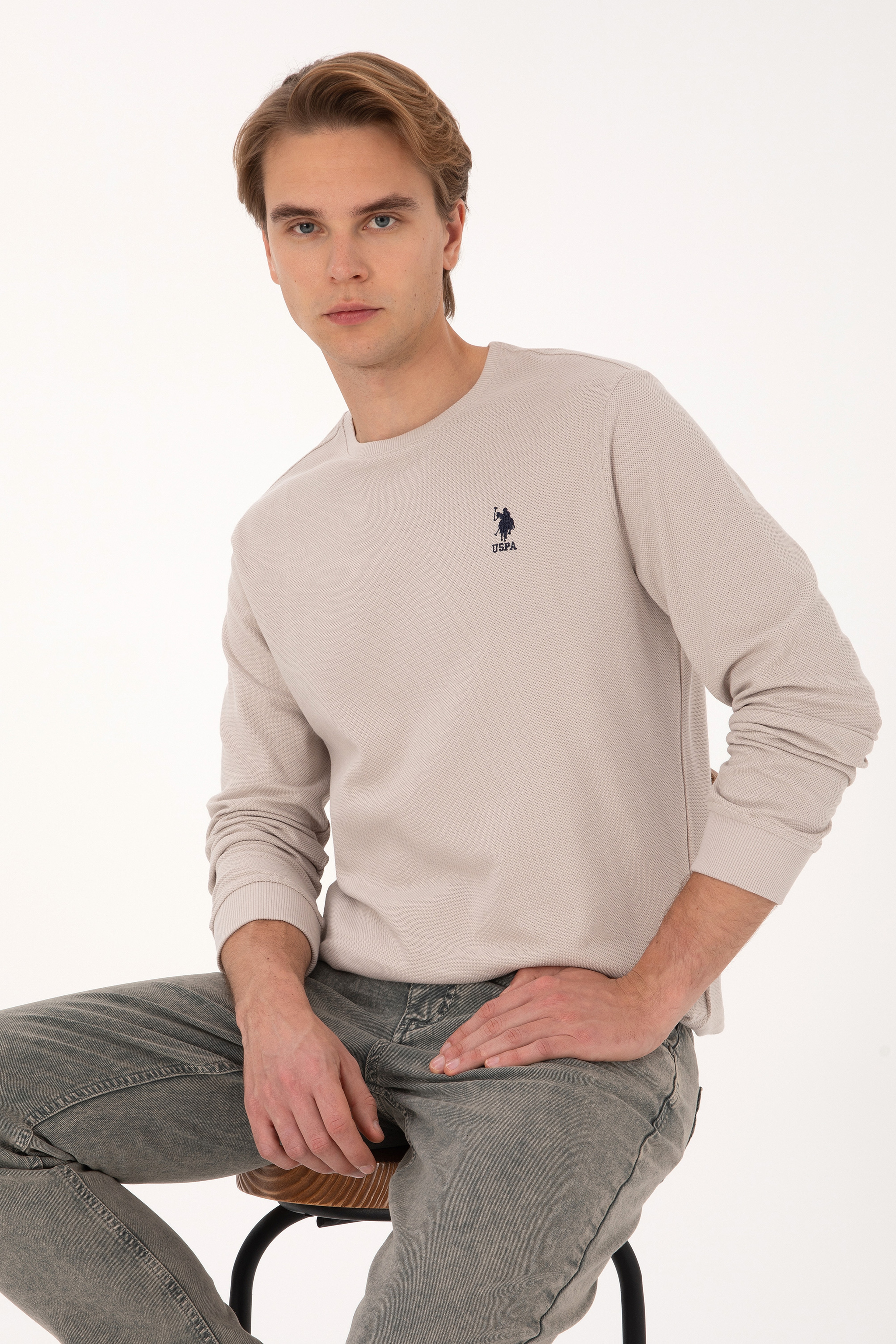Erkek Regular Fit Bisiklet Yaka Taş Sweatshirt