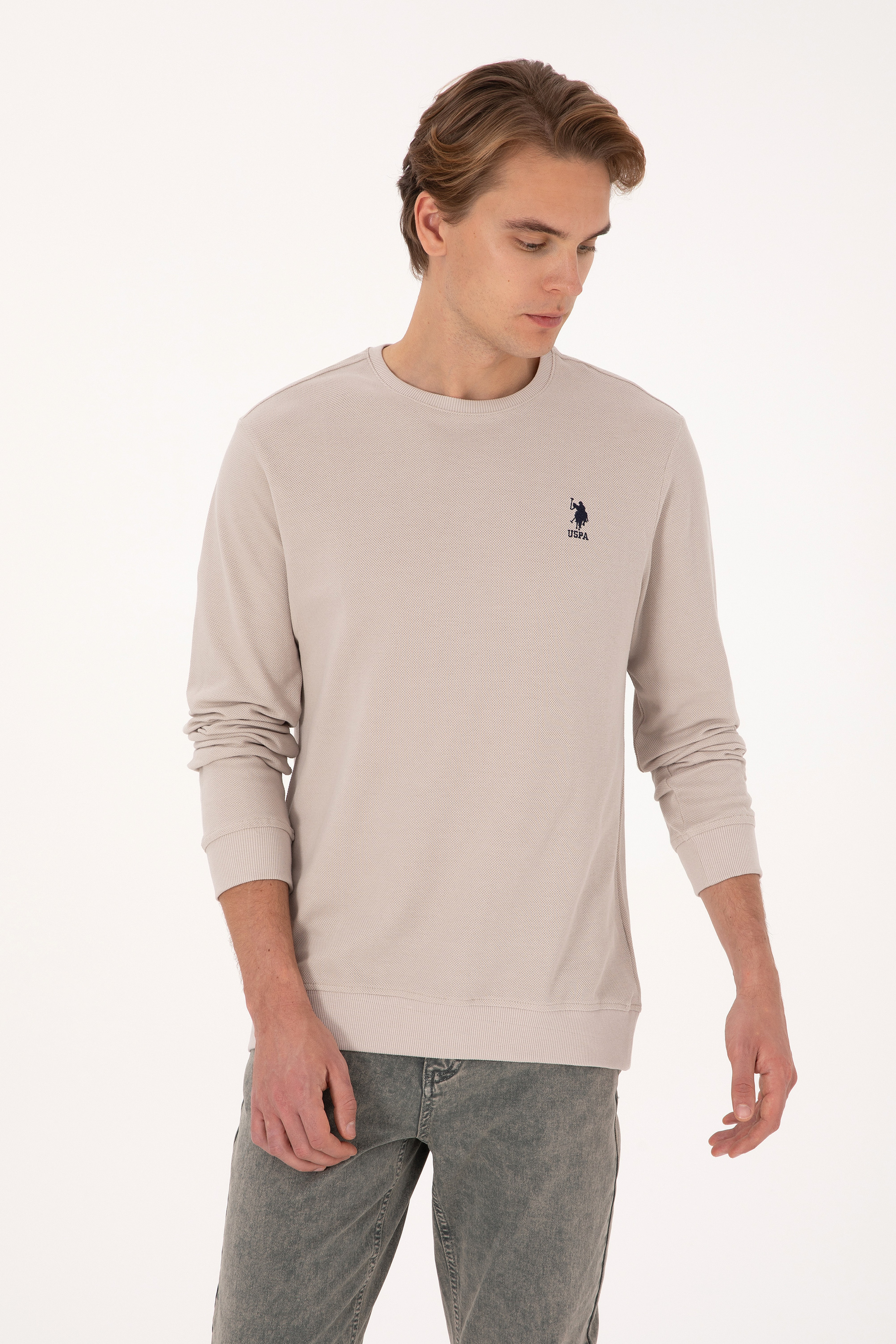 Erkek Regular Fit Bisiklet Yaka Taş Sweatshirt - Image 3