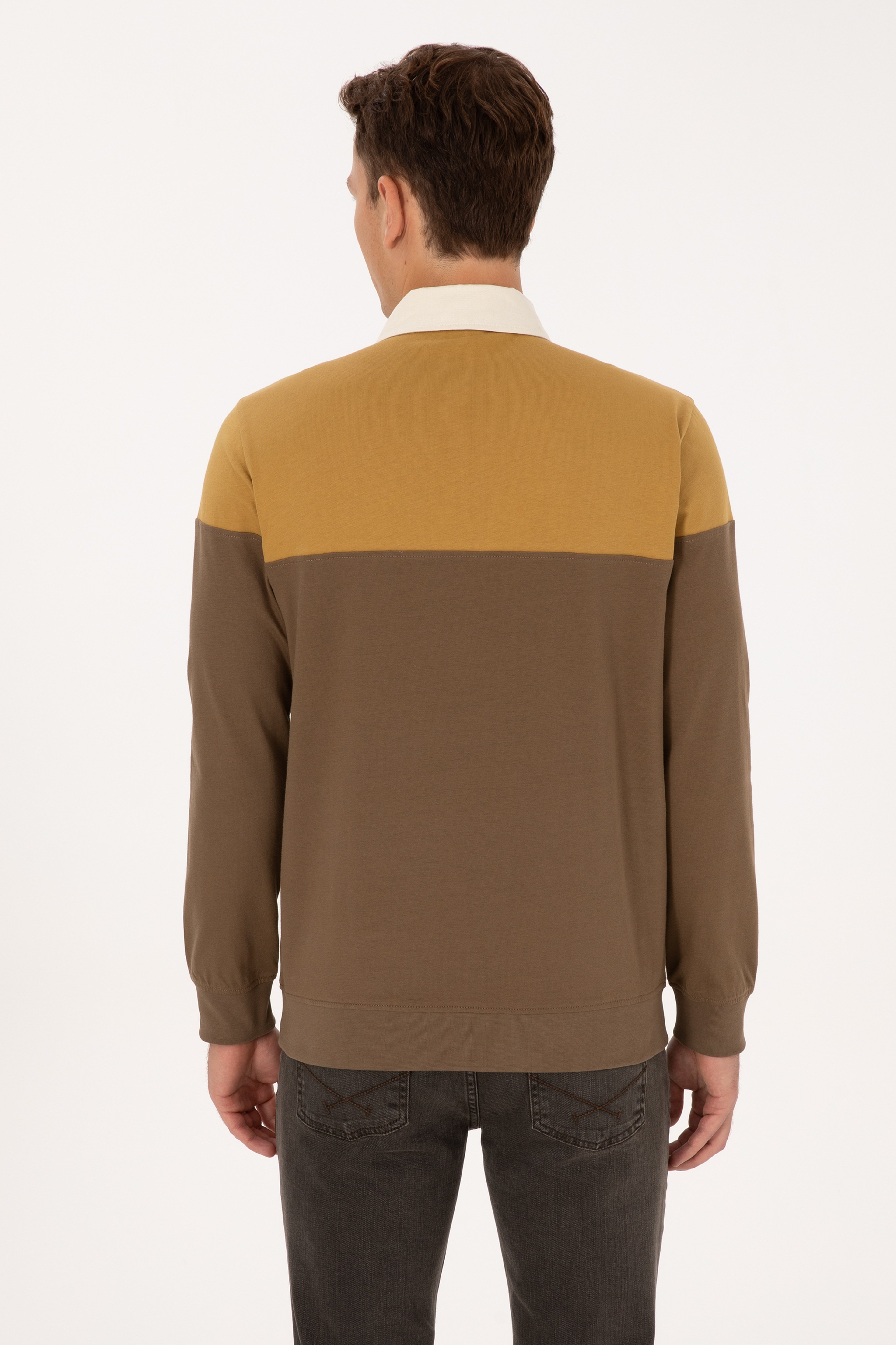 Erkek Regular Fit Polo Yaka Hardal Sweatshirt - Image 5