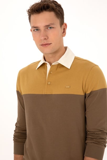 Erkek Regular Fit Polo Yaka Hardal Sweatshirt