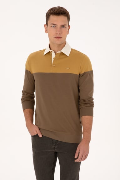 Erkek Regular Fit Polo Yaka Hardal Sweatshirt