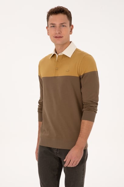 Erkek Regular Fit Polo Yaka Hardal Sweatshirt