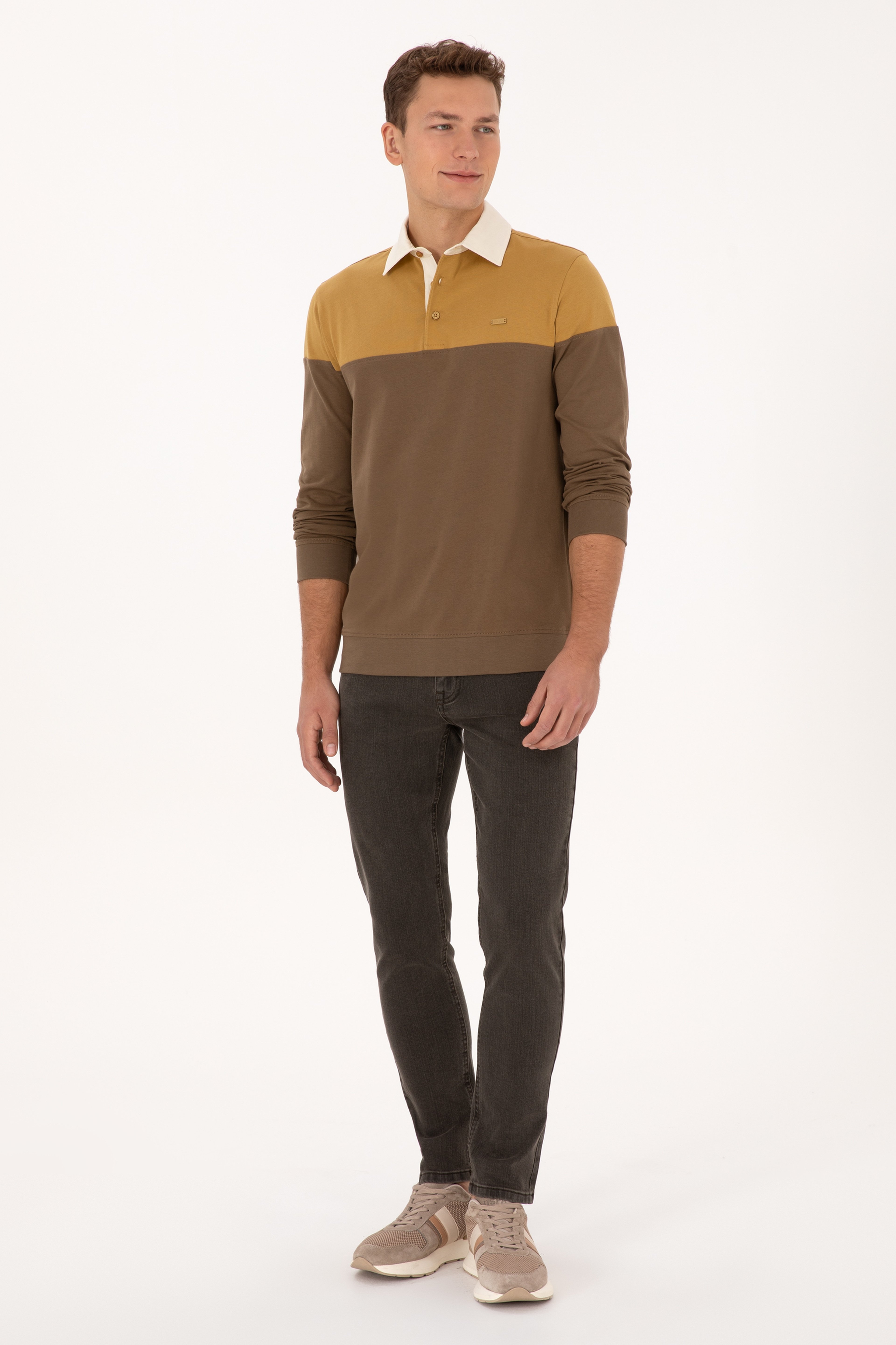 Erkek Regular Fit Polo Yaka Hardal Sweatshirt - Image 4