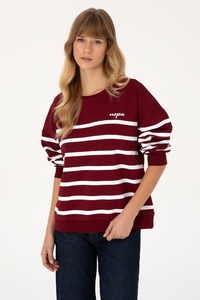 Kadın Bordo Çizgili Bisiklet Yaka Sweatshirt