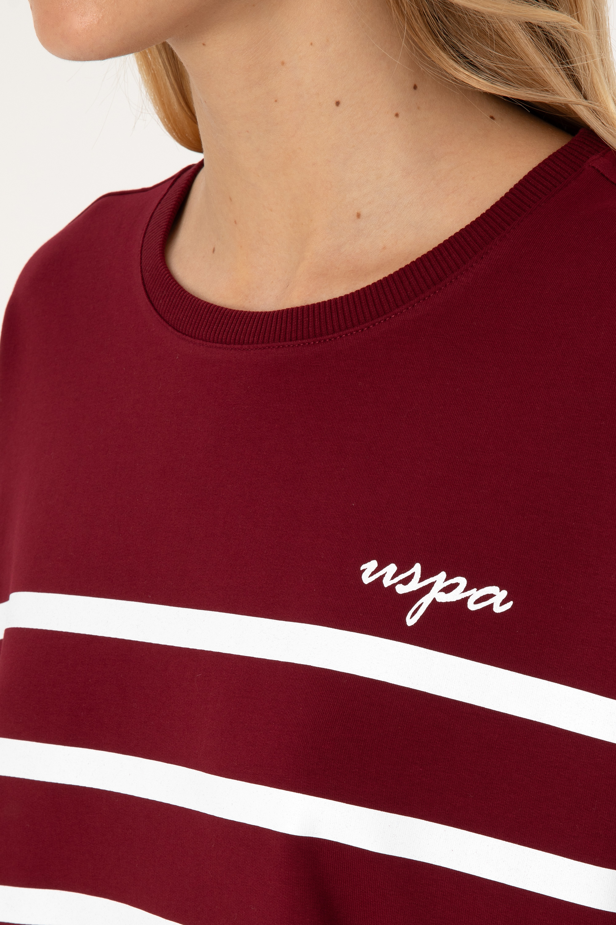 Kadın Bordo Çizgili Bisiklet Yaka Sweatshirt - Image 7