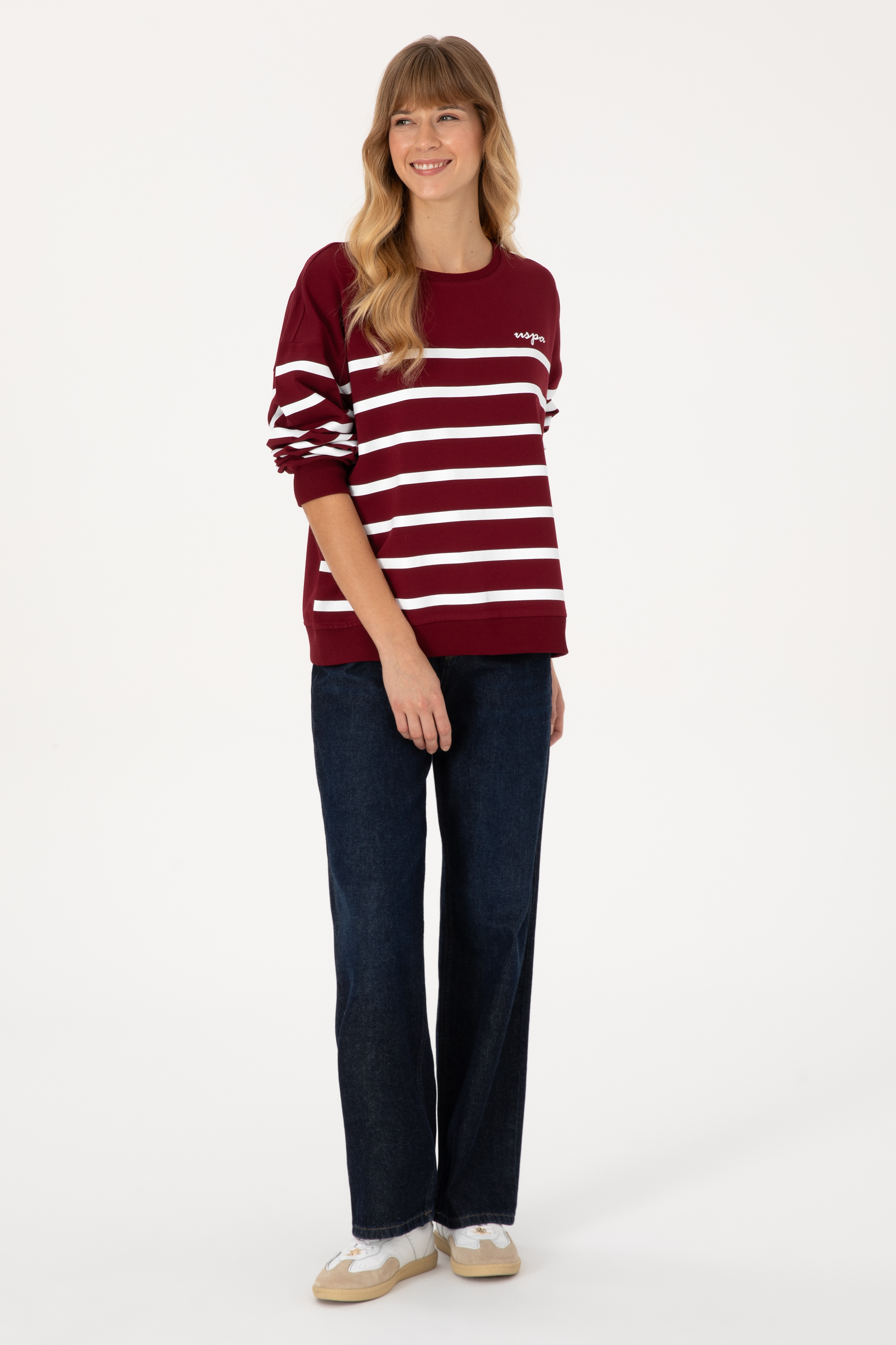 Kadın Bordo Çizgili Bisiklet Yaka Sweatshirt - Image 4